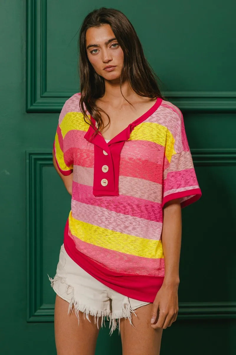 BiBi Women's Multi-Color Striped Hacci Knit Button Detail Ringer T-Shirt | Casual Summer Top for Outfits, Beach & Date Nights