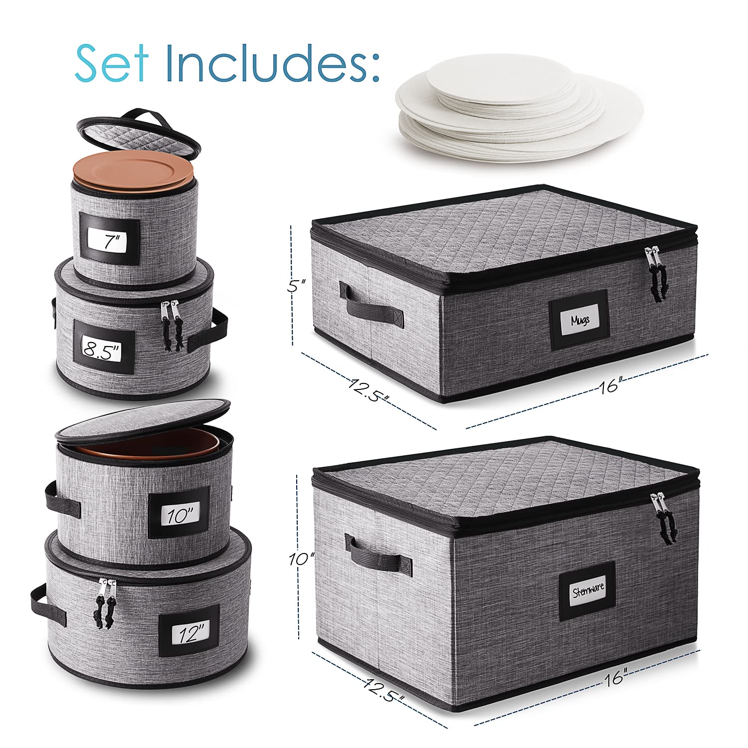 Premium 6-Piece Fine China Storage Set - Hard Shell Stackable Dish Organizers with Dividers for Plates, Coffee Mugs & Wine Glasses | Perfect for Kitchen Cabinet Organization and China Protection During Moving