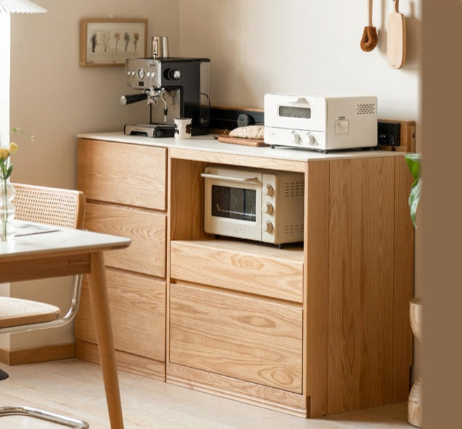Solid Oak Wood Sideboard Buffet Cabinet - Multi-Functional Storage Locker with Drawers & Shelves for Dining Room, Living Room, and Entryway Organization