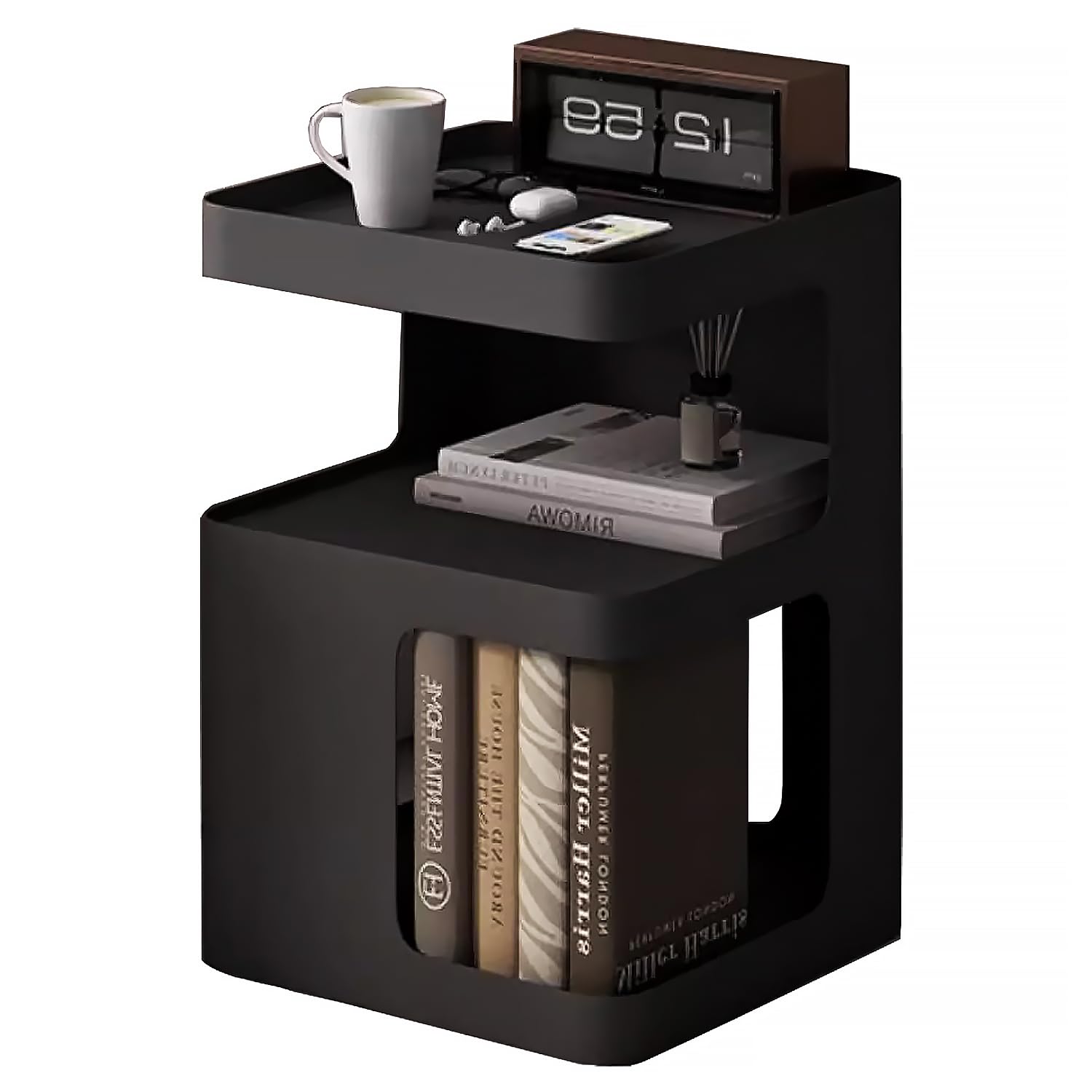 Modern Black Metal Side Table - 3-Tier End Table with Storage Shelf, Nightstand for Bedroom, Living Room & Small Spaces | Sturdy Couch Accent Table, No Assembly Required - Perfect for Reading Nook, Apartment Decor & Guest Room Essentials