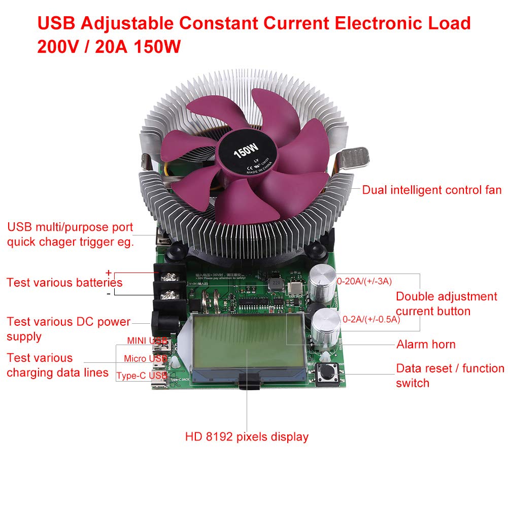 150W 200V 20A USB Adjustable Electronic Load Battery Tester - Constant Current Discharge Capacity Tester Module for Li-ion/NiMH/Pb Batteries - Perfect for RC Cars, Solar Power Systems & DIY Electronics Projects