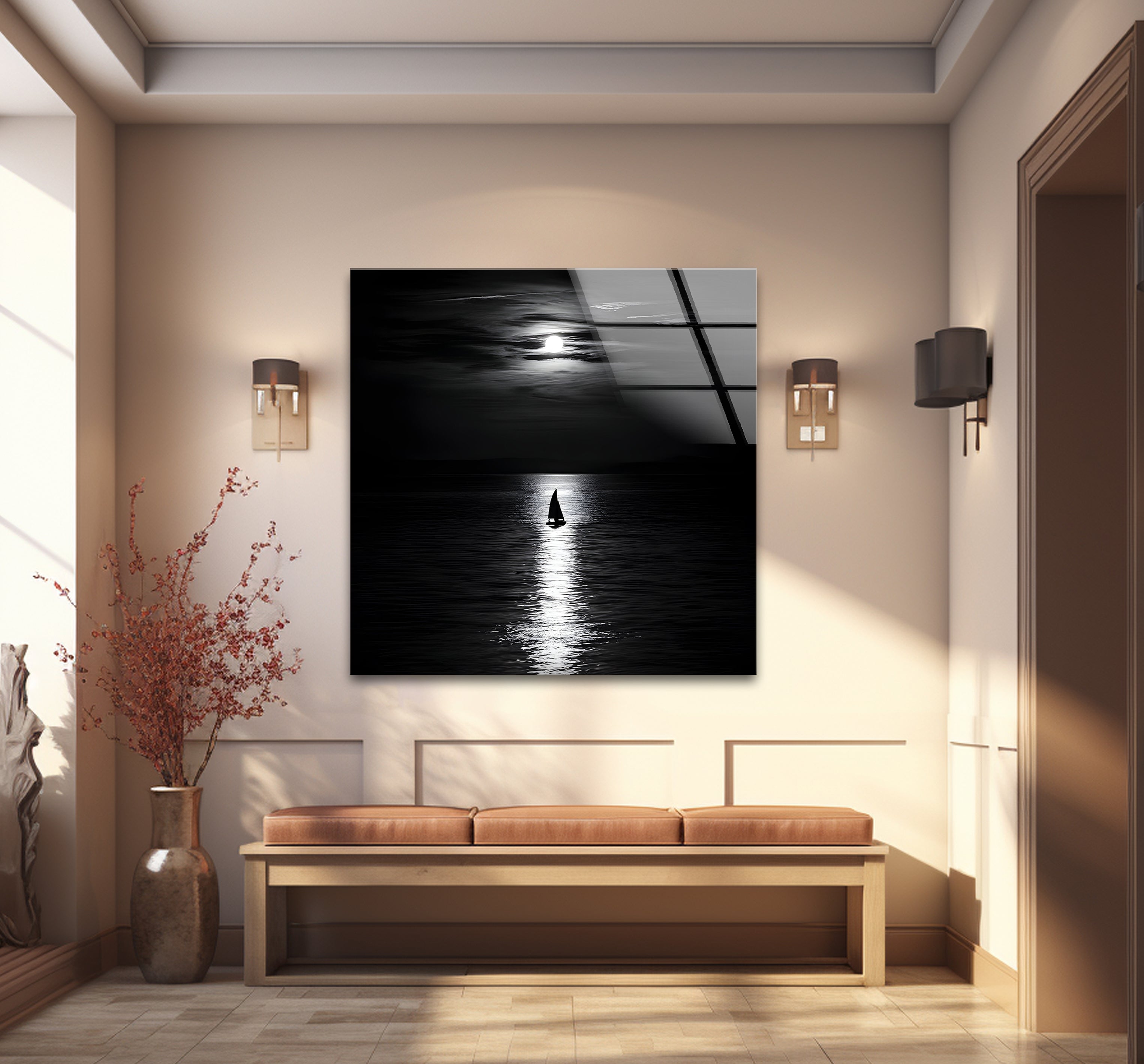 Black and White Moonlight Landscape Glass Wall Art - Elegant Home Decor for Living Room, Bedroom & Office - Perfect Gift for Housewarming & Holidays