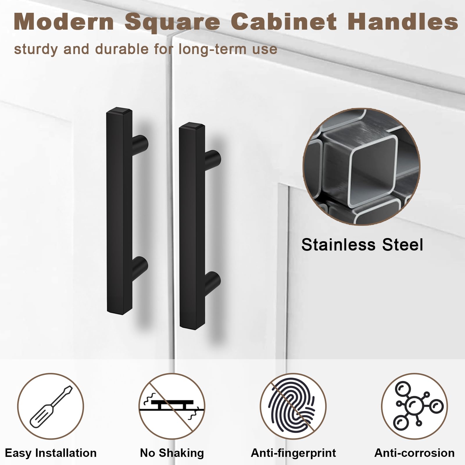 30 Pack 3 Inch Matte Black Cabinet Handles - Stainless Steel Square Drawer Pulls for Kitchen Cabinets, Dressers & Cupboards - 76mm Hole Centers, 5