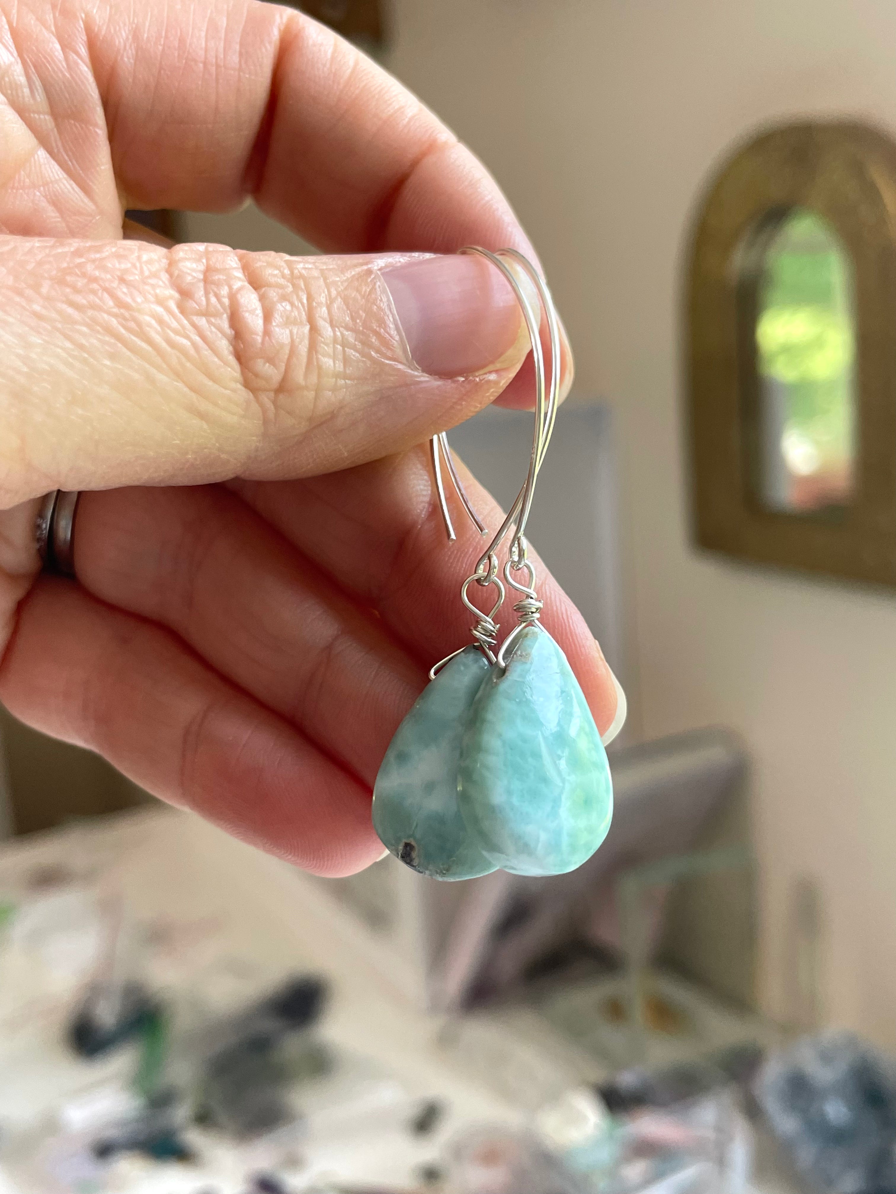 Long Larimar Earrings Dangle Sterling Silver – Handmade Gemstone Jewelry for Women, Boho Chic Accessories | Perfect for Weddings, Parties & Everyday Wear