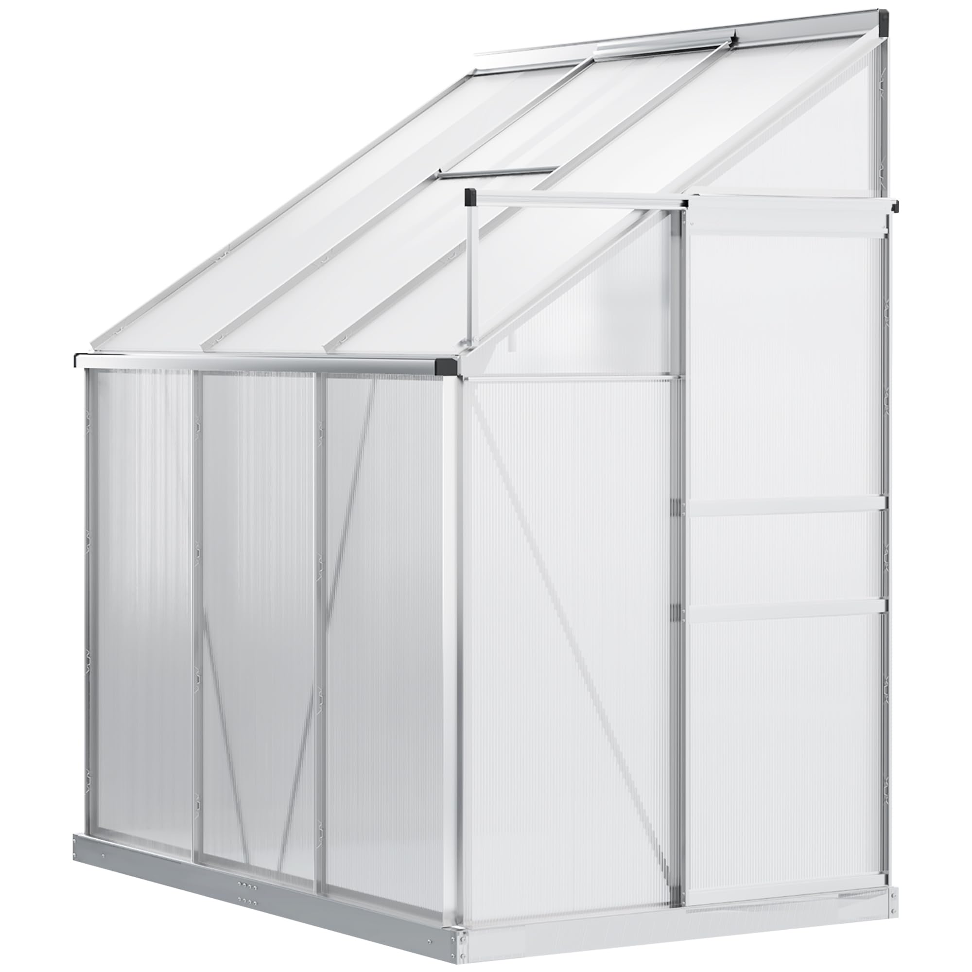 Outsunny 6x4 FT Aluminum Lean-to Polycarbonate Greenhouse with Adjustable Roof Vent, Rain Gutter & Sliding Door - Winter-Ready Walk-in Garden Greenhouse for Plants, Vegetables & Flowers - Perfect for Backyards, Patios & Small Gardens