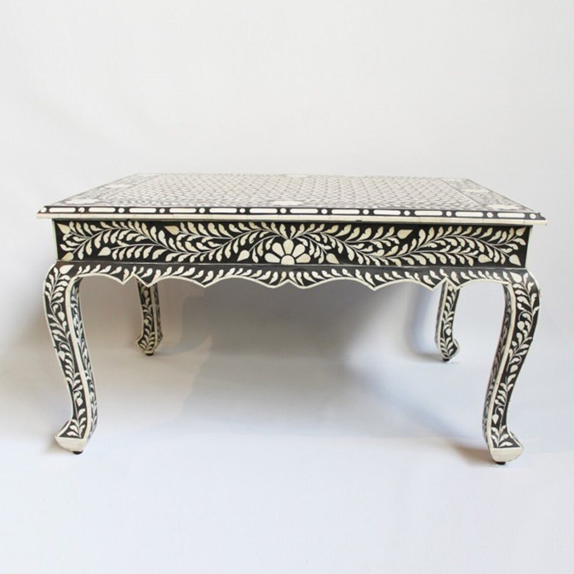 Handmade Bone Inlay Coffee Table with Floral Design - Elegant Boho Chic Living Room Furniture for Home Decor