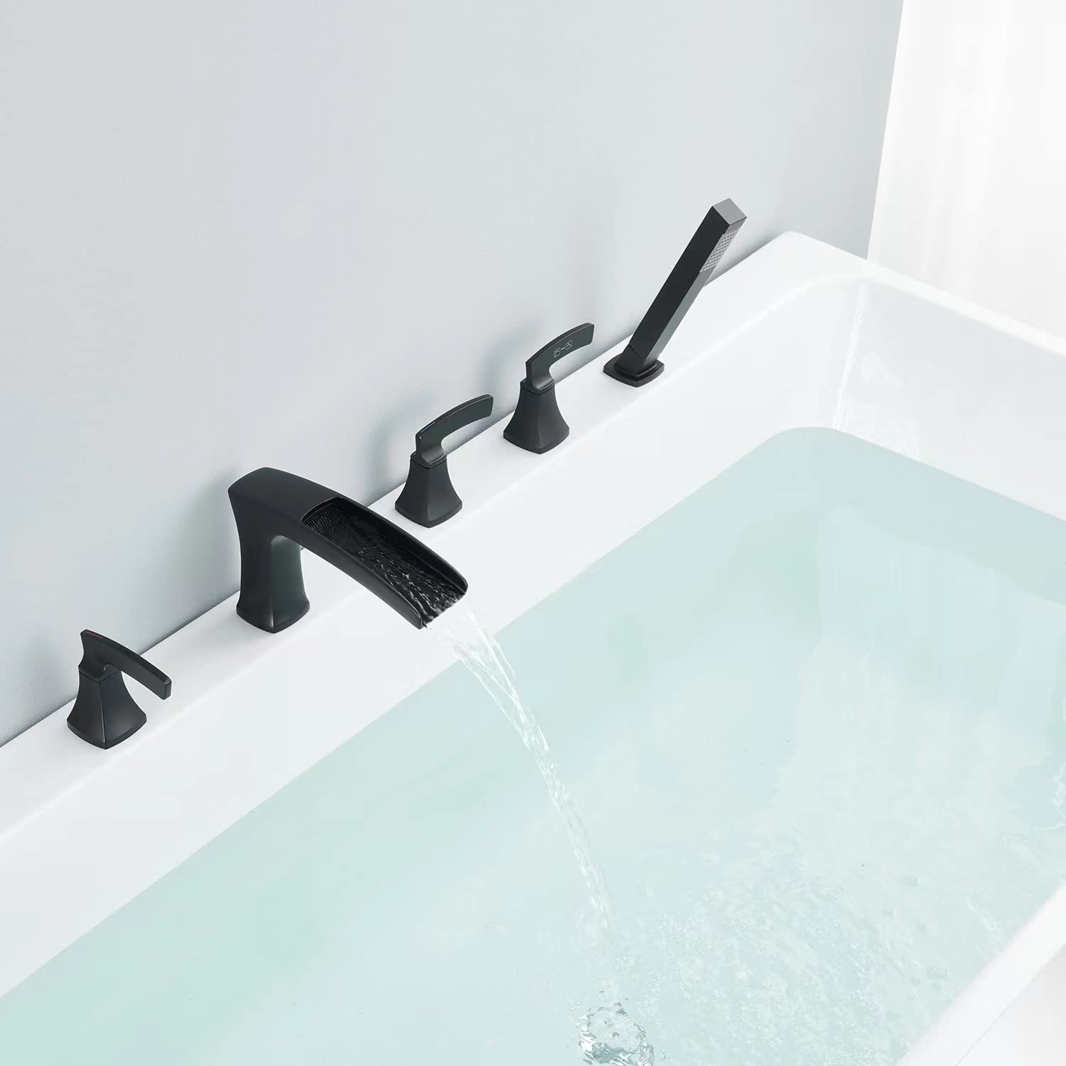 Black Roman Tub Faucet Waterfall Deck Mount Bathtub Filler - 5 Hole Brass Bathroom Faucet with Hand Shower for Luxury Spa Experience | Perfect for Master Bathrooms & Freestanding Tubs