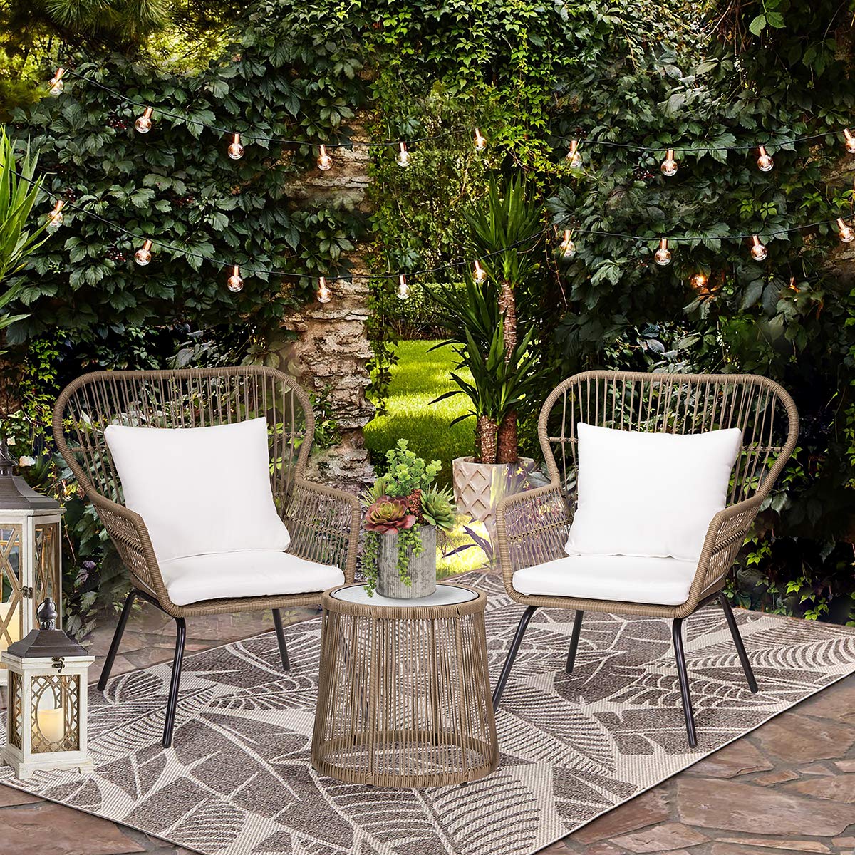 Barton 3-Piece Outdoor Bistro Set with Glass Table - Beige Wicker Rattan Patio Furniture for Garden, Balcony & Poolside Dining | Modern Conversation Seating for Backyard, Terrace & Cafe Style Decor