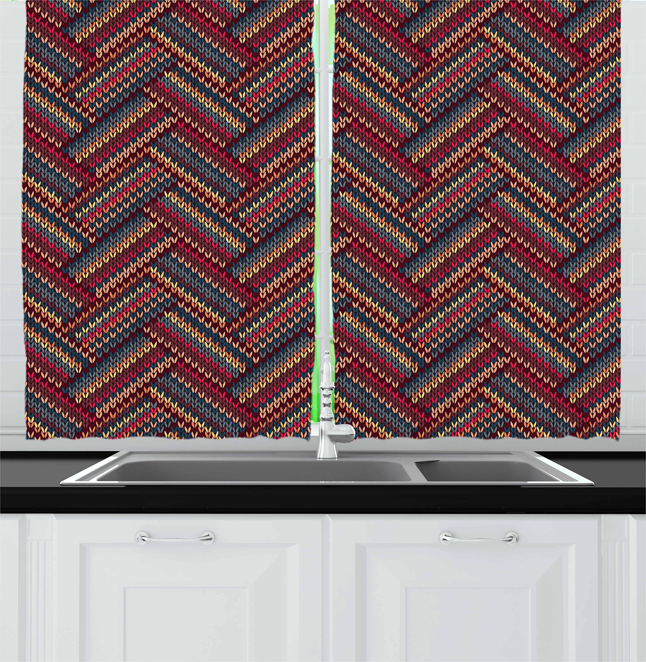 Ambesonne Ethnic Kitchen Curtains - Autumn Herringbone Zigzag Stripes Pattern, 2 Panel Set for Window Drapes (55