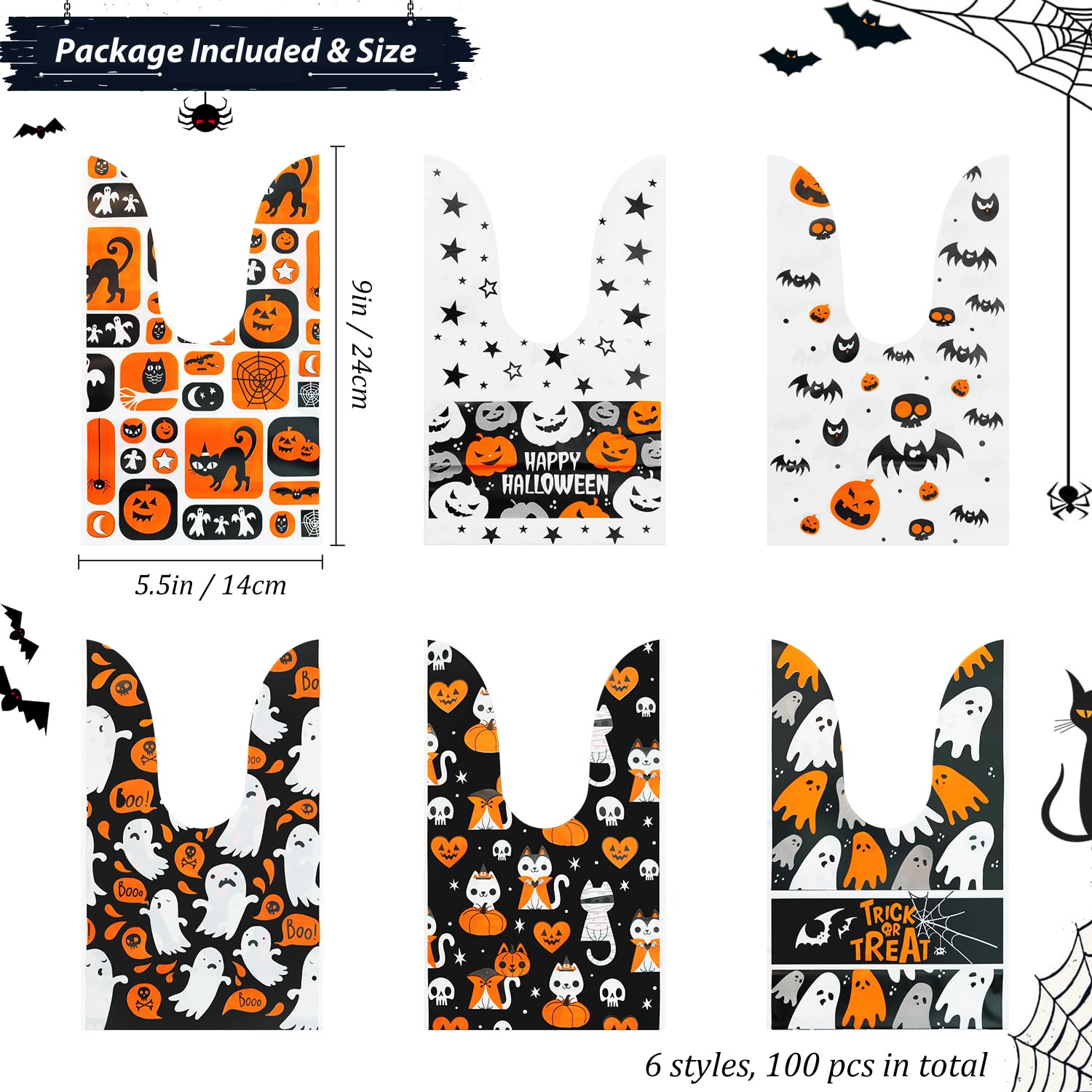 100Pcs Halloween Treat Bags for Kids - 6 Styles Cute Rabbit Ear Plastic Goodie Bags for Trick or Treat, Party Favors & Candy Gifts | Perfect for Halloween Parties, Classroom Treats & Neighborhood Trick-or-Treating
