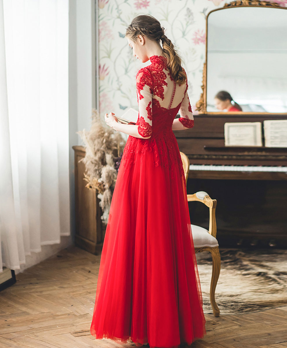 Elegant Red High Neck Tulle Lace Long Prom Dress - Formal Evening Gown for Homecoming, Wedding, Ball & Special Occasions