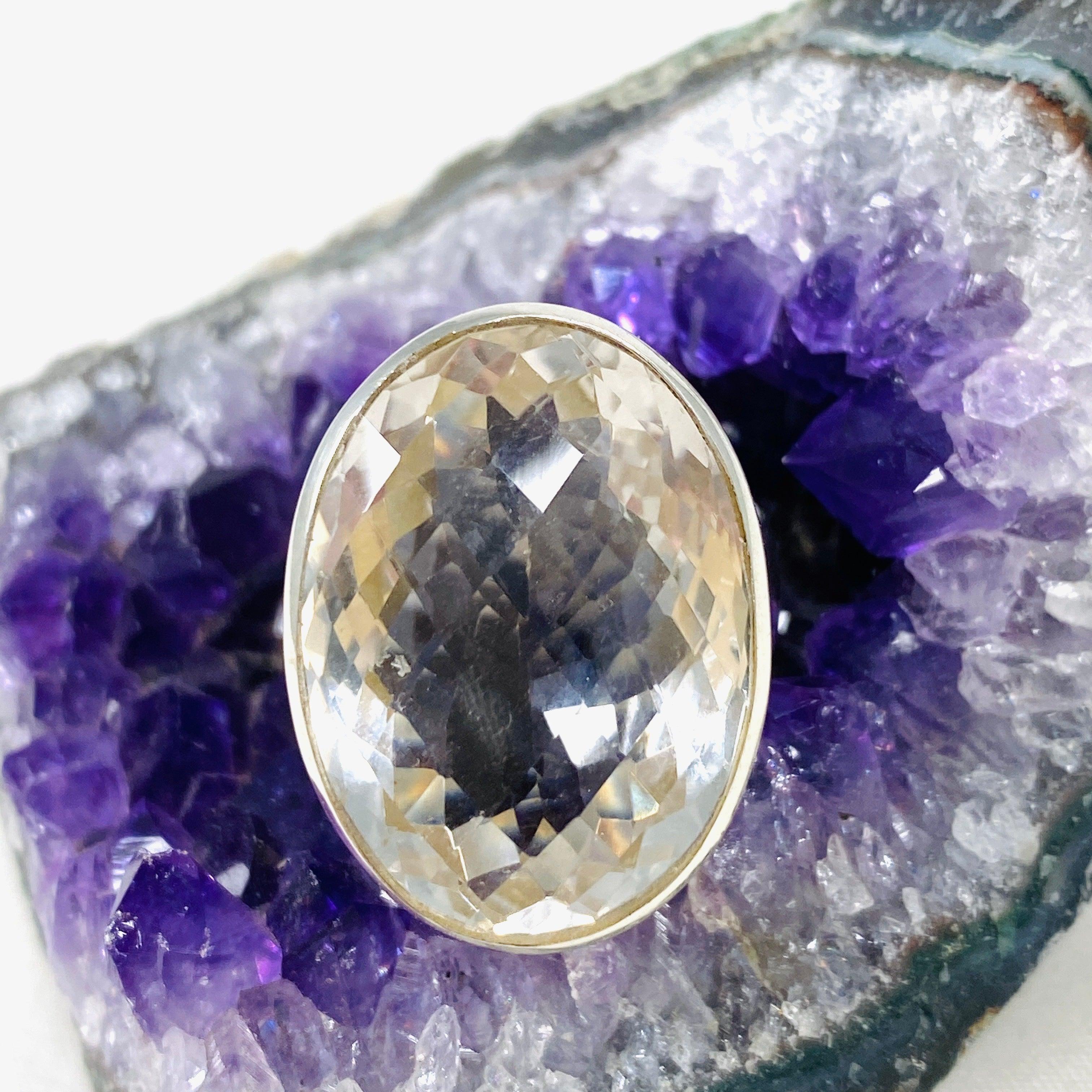 Natural Clear Quartz Oval Faceted Sterling Silver Ring Size 10 - Elegant Crystal Jewelry for Women, Perfect for Weddings, Parties & Everyday Wear