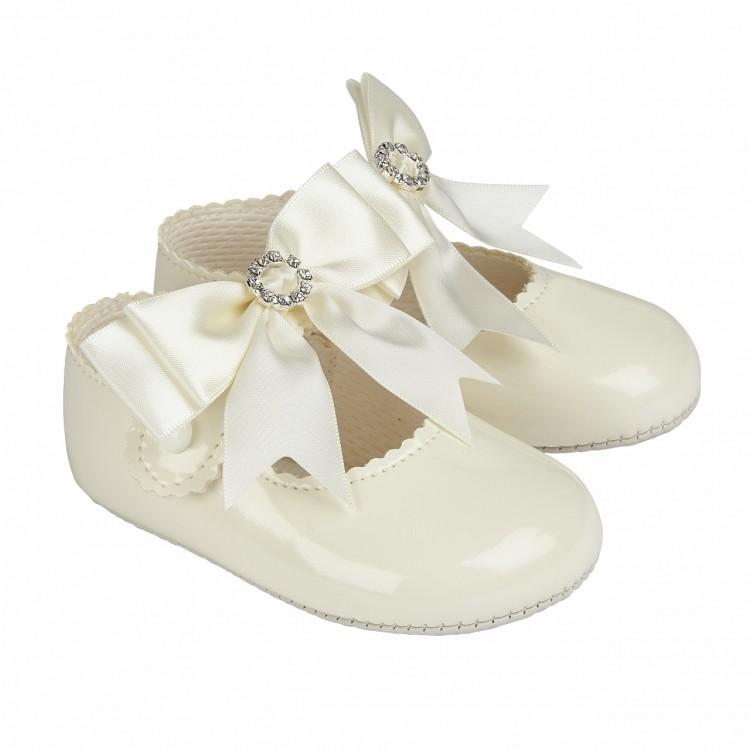 Ivory Large Bow Diamanté Soft Sole Baby Shoes for Girls - Elegant First Walkers & Special Occasion Outfits
