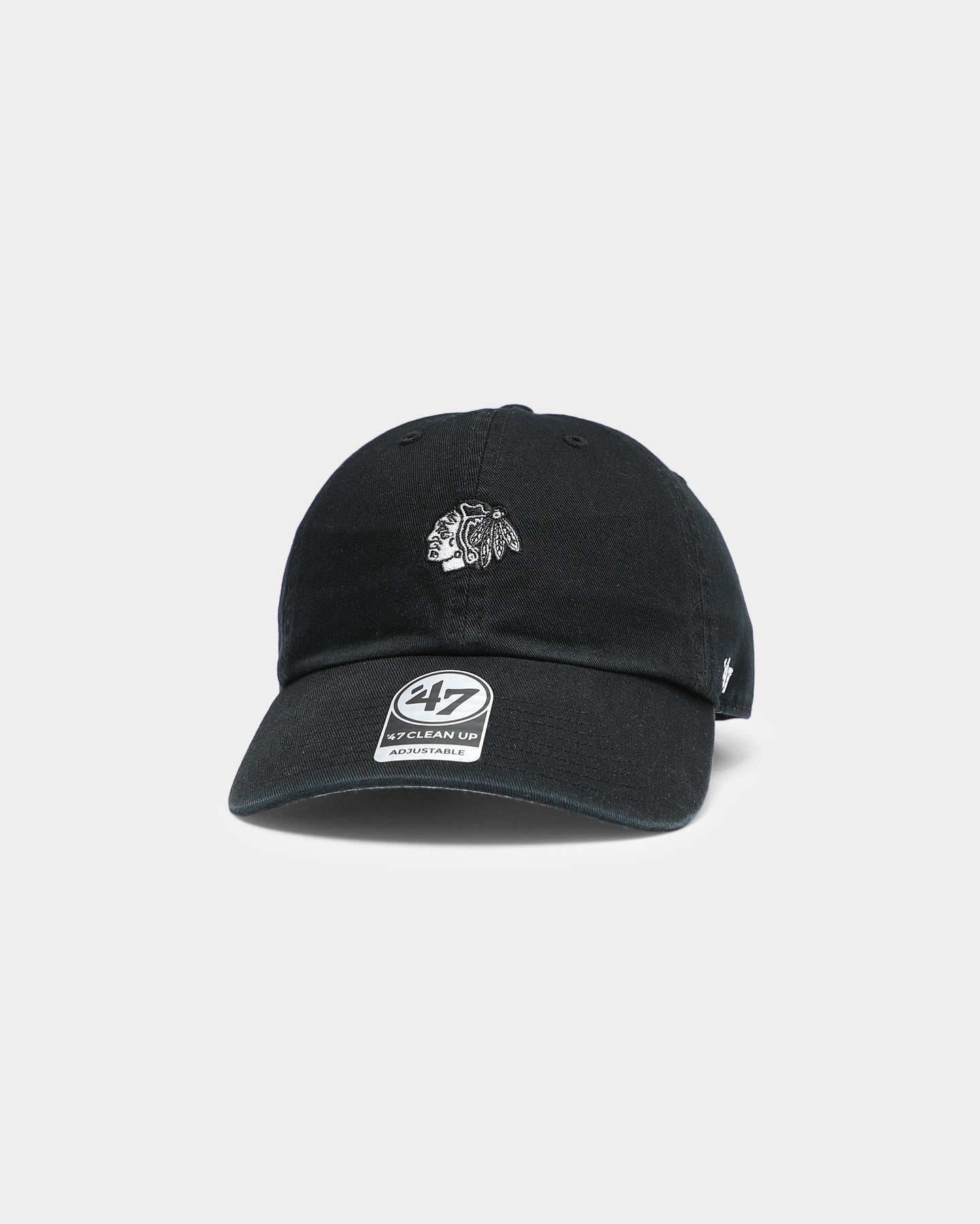 47 Brand Men's Chicago Blackhawks Clean Up Adjustable Strapback Hat - Black NHL Hockey Cap for Fans, Streetwear & Casual Outfits