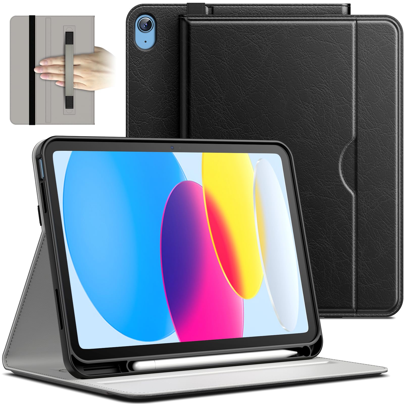 JETech PU Leather Business Folio Case for iPad 11th/10th Gen (2025/2022 Model A16) - Protective Tablet Cover with Apple Pencil Holder, Card Pocket & Multi-Angle Stand (Black) | Perfect for Office, Travel & School Use