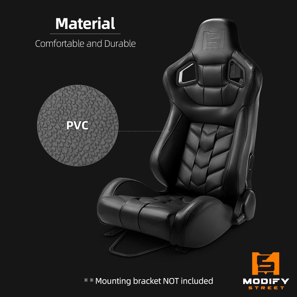 ModifyStreet Pure Black PVC Reclinable Racing Car Seats Pair with Slider (Left/Right) - Lightweight Bucket Seats for Sports Cars, Drifting & Track Racing