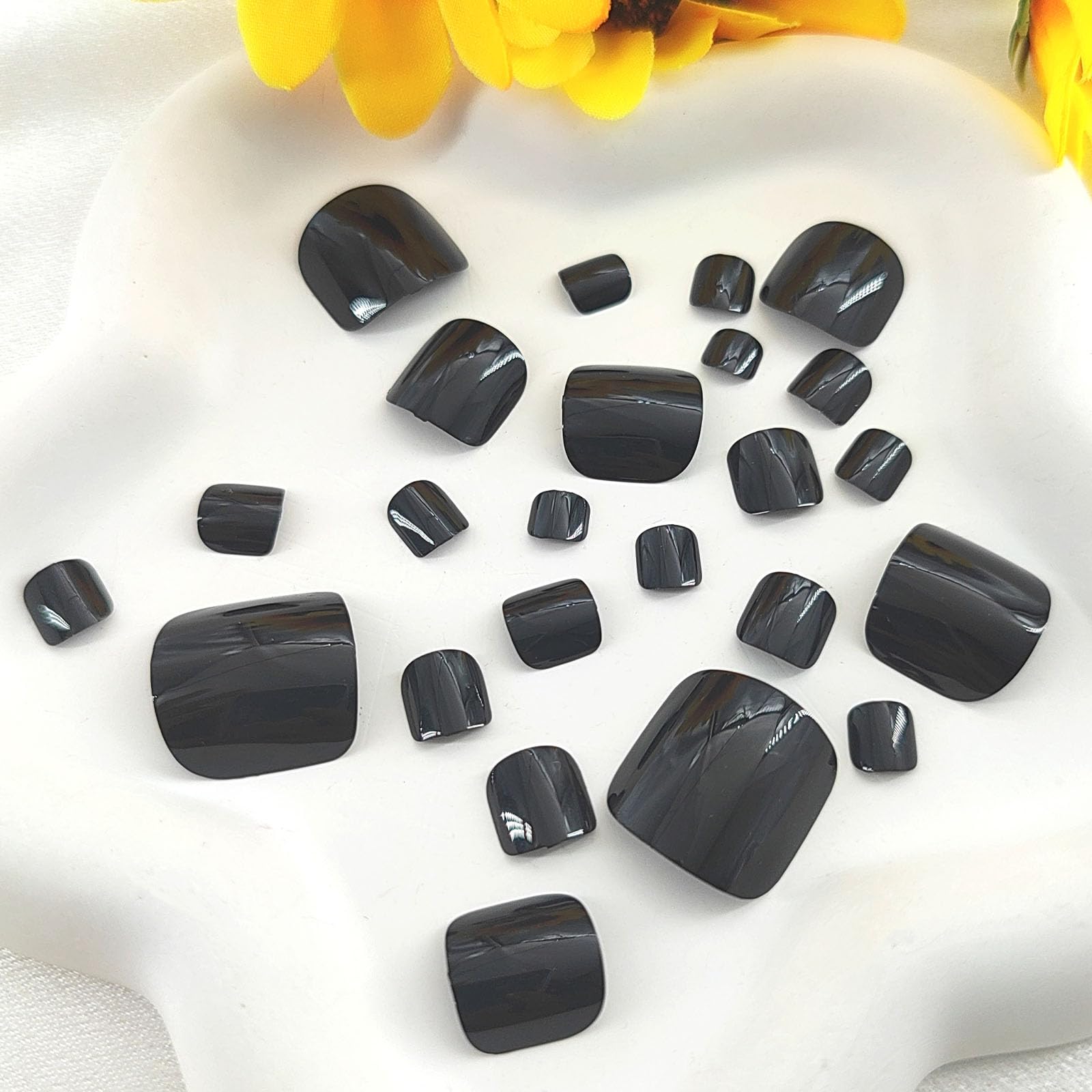Square Press On Toenails - Short Black Fake Toe Nails with Glue, Glossy Full Cover Toenail Stickers for Women (24Pcs) | Perfect for Summer Pedicures, Beach Vacations & Everyday Wear