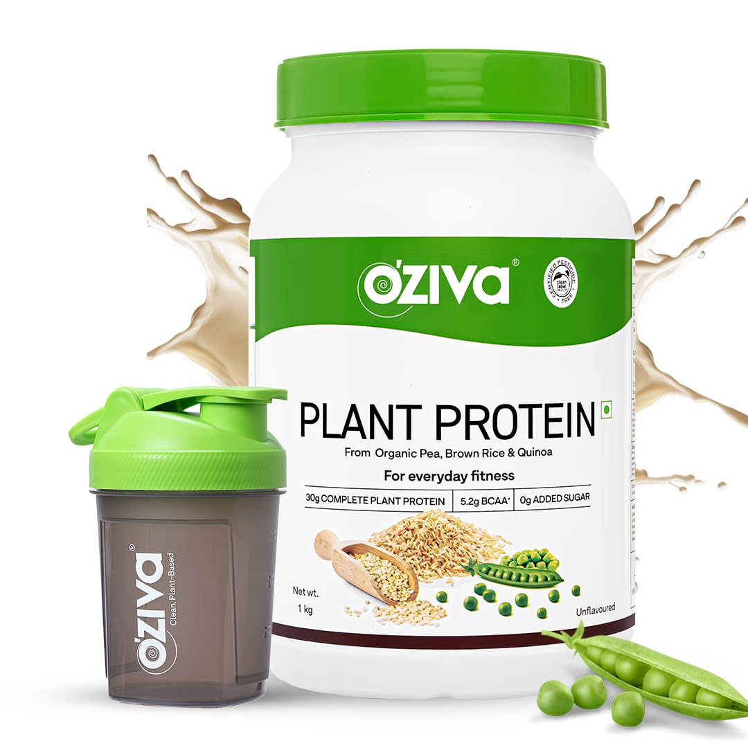 OZiva Organic Plant Protein Powder for Men & Women - 30g Pea Protein Isolate, Vegan, No Added Sugar | Certified Clean, Unflavored | Supports Muscle Recovery & Daily Fitness | Perfect for Smoothies, Post-Workout Shakes & Healthy Lifestyle (1kg + Free Shaker Bottle)