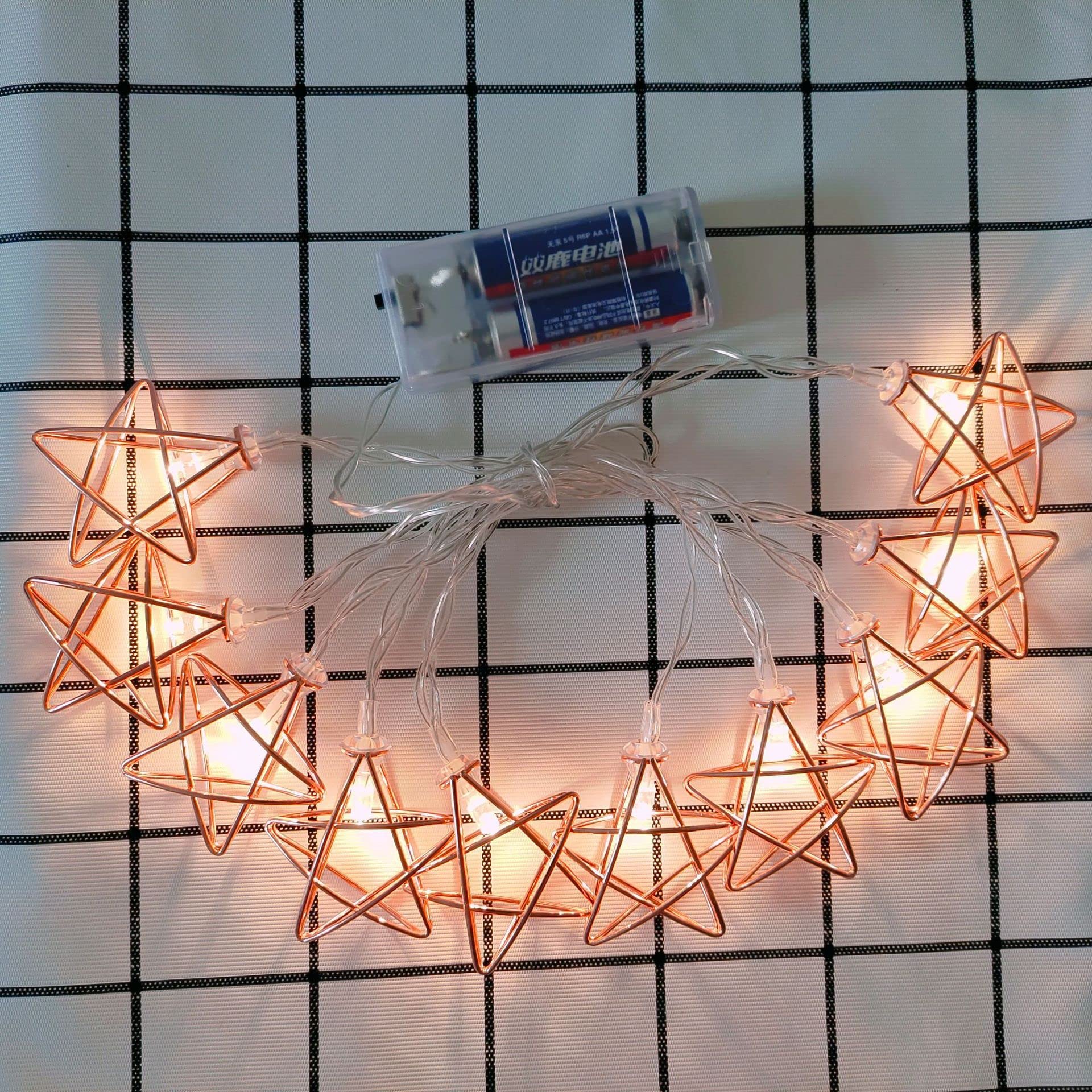 Rose Gold Star String Lights - 10 LED Fairy Lights Battery Operated (1.5m) for Wedding, Party, Christmas Tree, New Year, Garden, Bedroom & Home Decor - Waterproof & Dimmable Romantic Ambiance Lighting