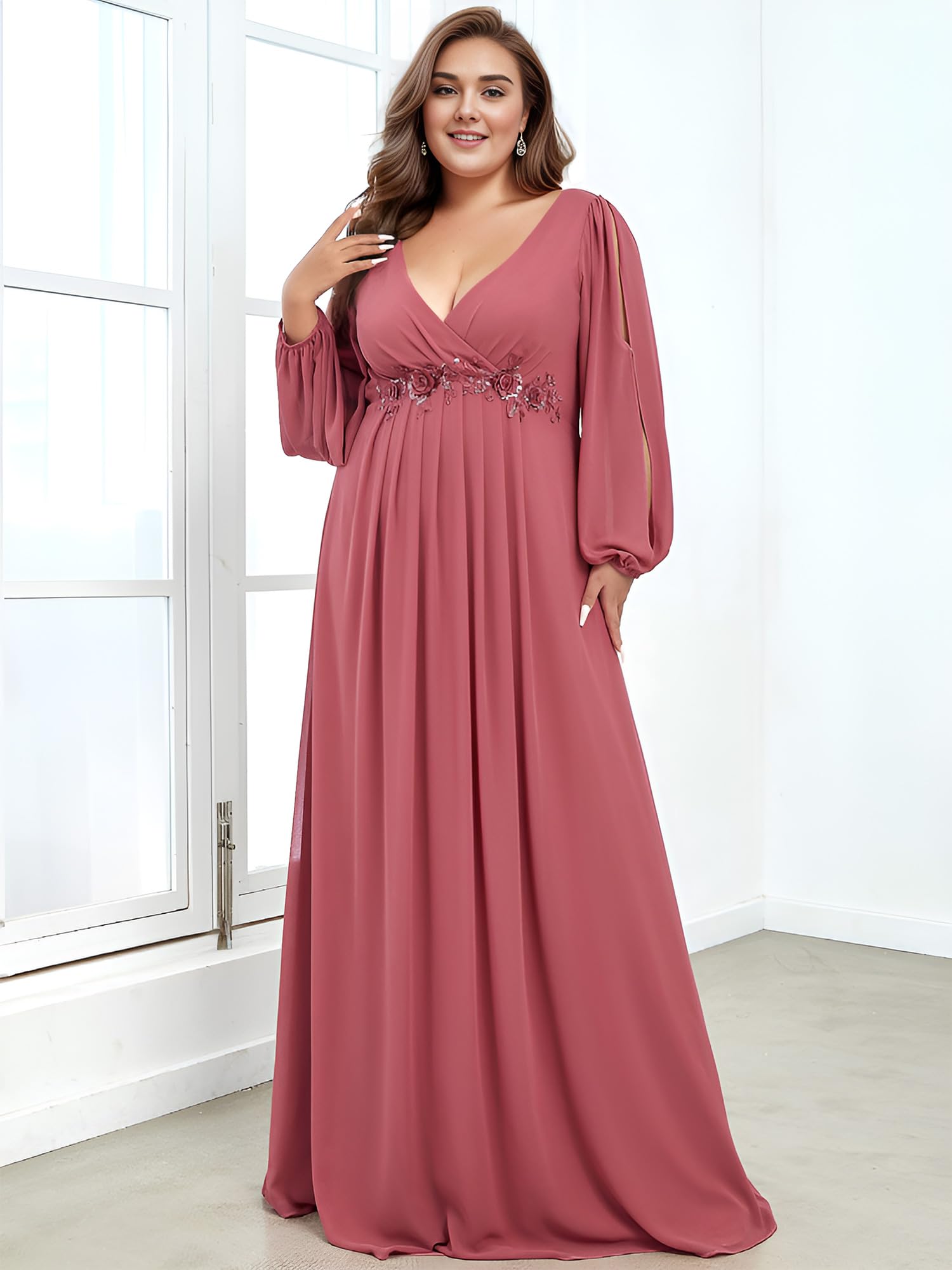 Ever-Pretty Plus Size Women's Floor Length V-Neck Formal Dress with Lantern Sleeves & Floral Applique - Elegant Evening Gowns for Curvy Women - Perfect for Weddings, Proms & Special Occasions