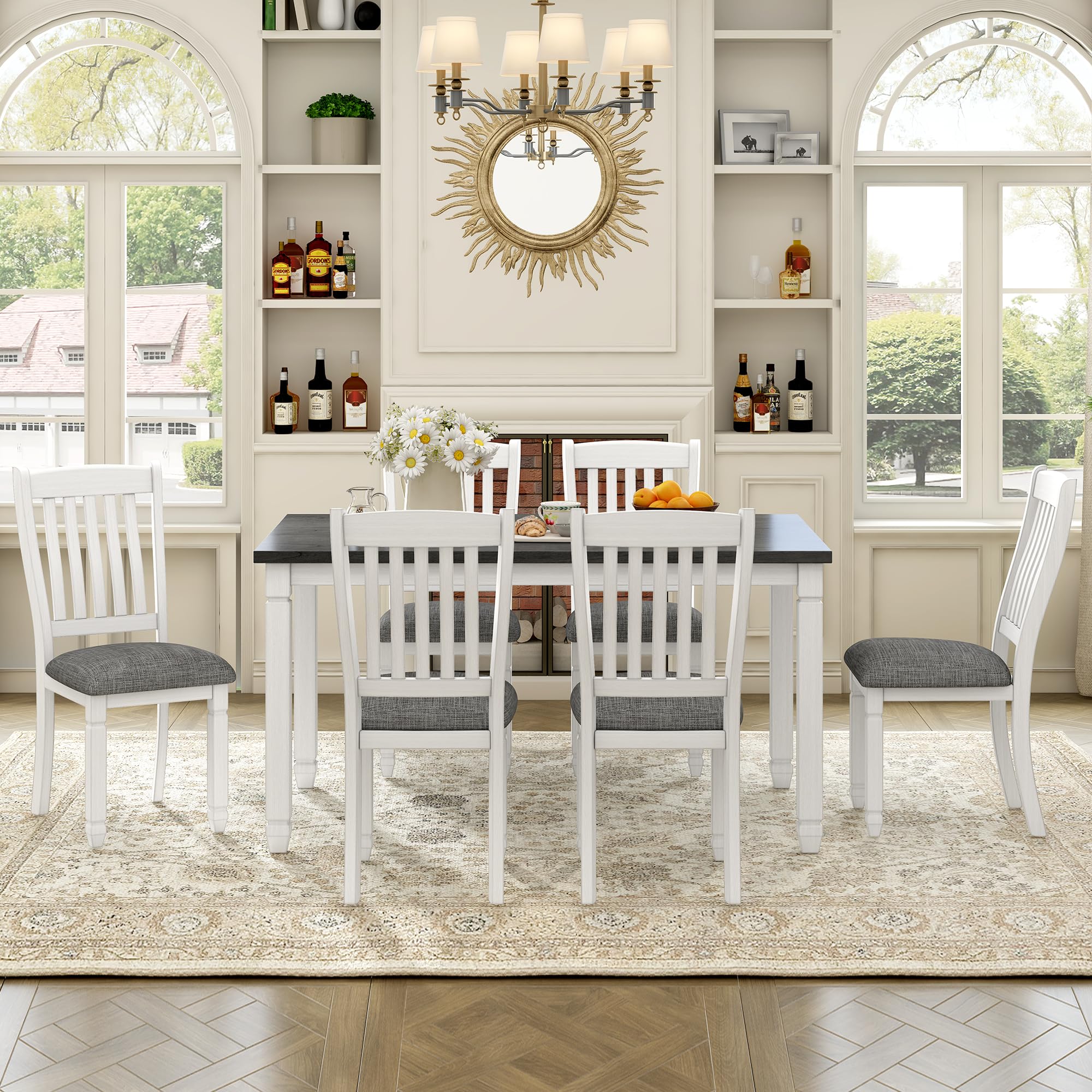 Solid Wood Country Kitchen Table and Chairs Set for 6 - Rustic Farmhouse Dining Room Furniture with Tapered Legs - Perfect for Family Meals, Entertaining Guests & Cozy Breakfast Nooks