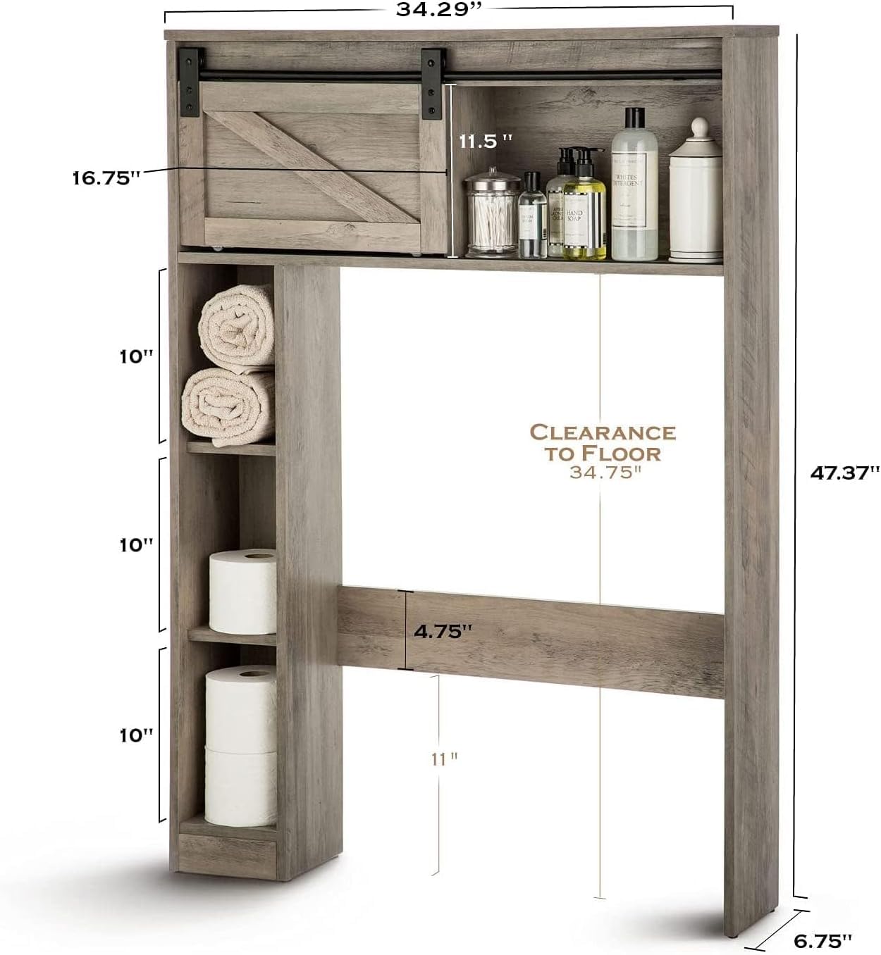 Landia Home Over the Toilet Storage Organizer - Modern Farmhouse Bathroom Shelf with Smooth Gliding Barn Door for Quick Access | Space-Saving Bathroom Organization for Towels, Toiletries & Decor