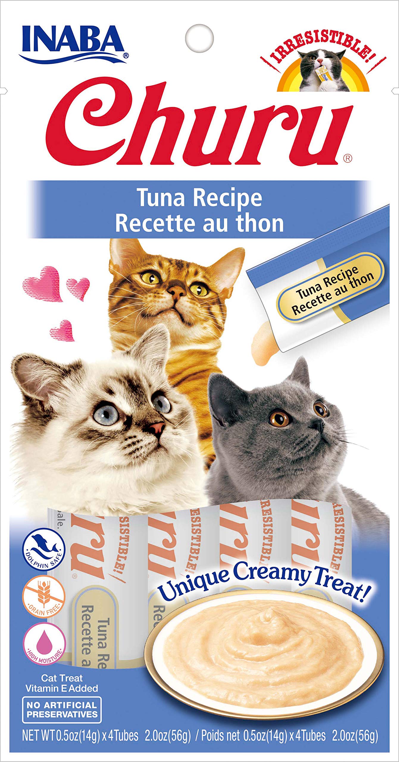 INABA Churu Lickable Purée Natural Cat Treats - Grain-Free Tuna Recipe (4 Tubes) | Delicious Wet Food Topper for Cats & Kittens | Perfect for Training, Bonding & Hydration