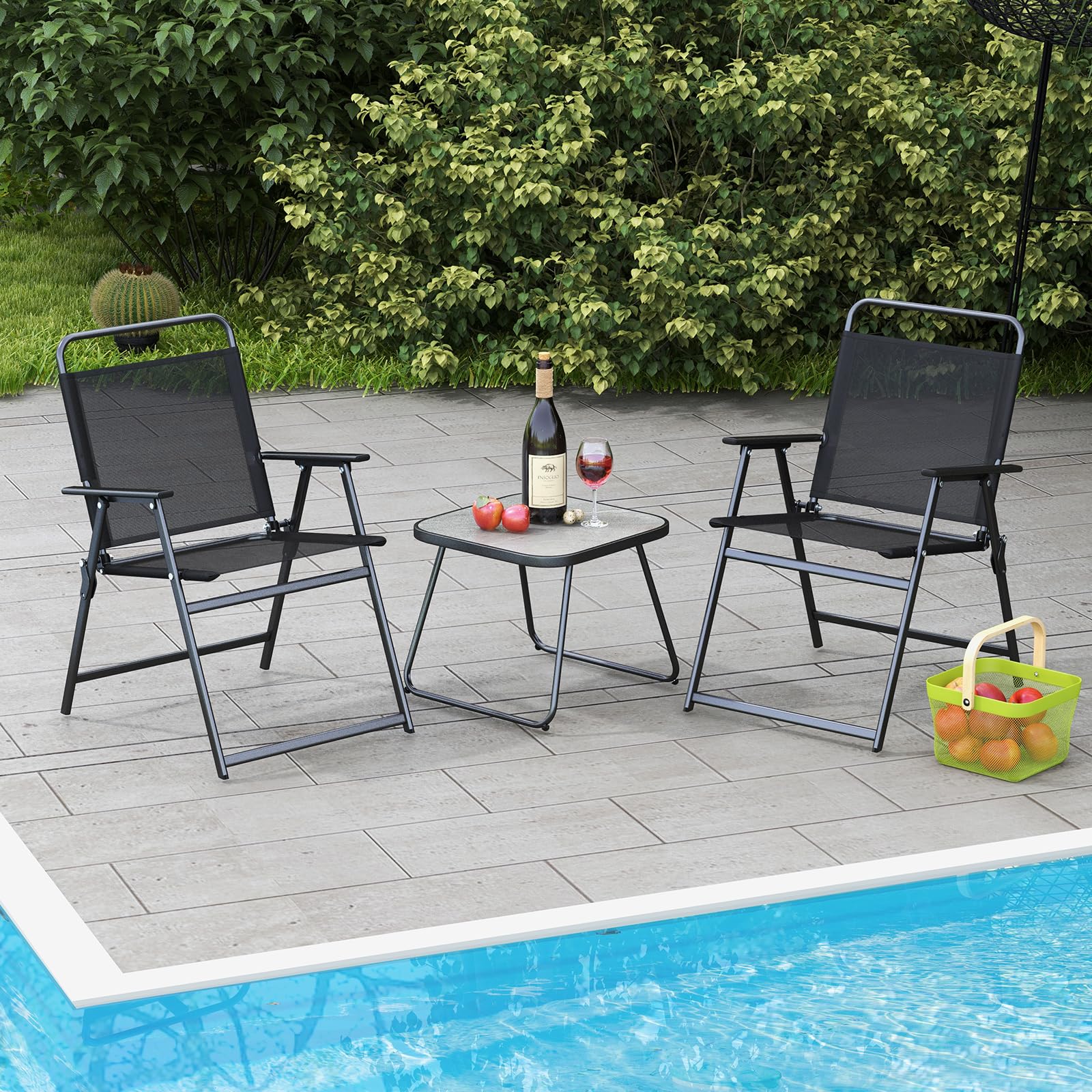 Tangkula 3-Piece Patio Fistro Set - 2 Folding Chairs with Coffee Table, Durable Steel Frame & Breathable Fabric, Compact Outdoor Furniture for Backyard, Poolside, Balcony, Garden or Patio (Black) - Perfect for Relaxing, Entertaining Guests or Enjoying Morning Coffee Outdoors