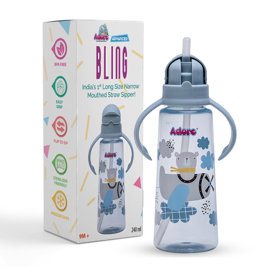 Adore Bling Leakproof Kids Water Bottle 240ml | BPA-Free Spill-Proof Toddler Sippy Cup with 360° Straw | Baby Drinking Bottle for Boys & Girls Ages 2+ | Perfect for Daycare, Travel & Outdoor Activities (Blue)