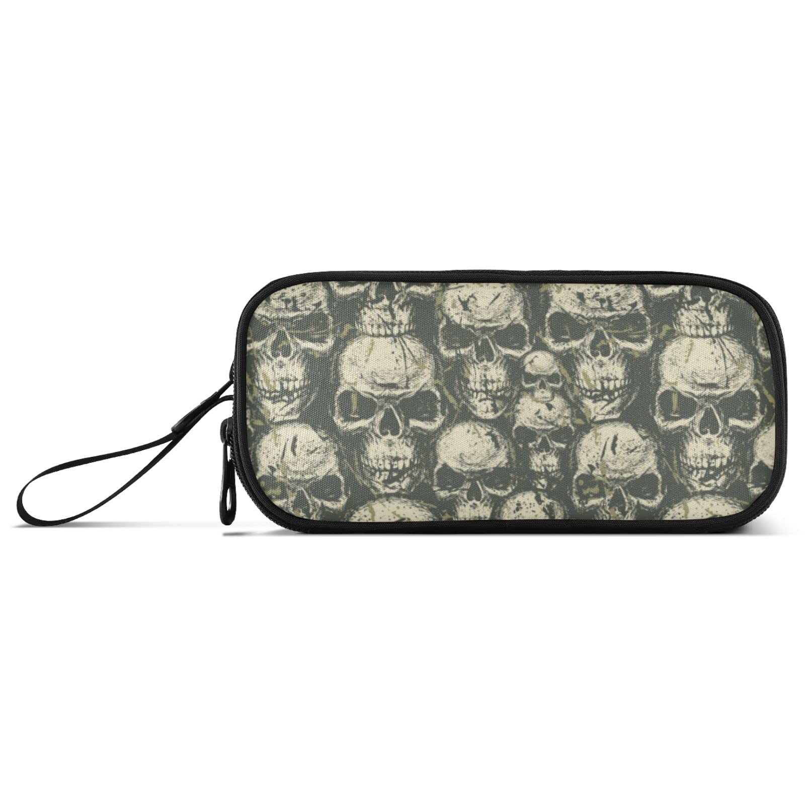 Linqin Human Skulls Grunge Large Pencil Case - 3 Compartment Stationery Organizer for School & Office Supplies | Gothic Style Pencil Holder for Students, Artists & Alternative Lifestyle