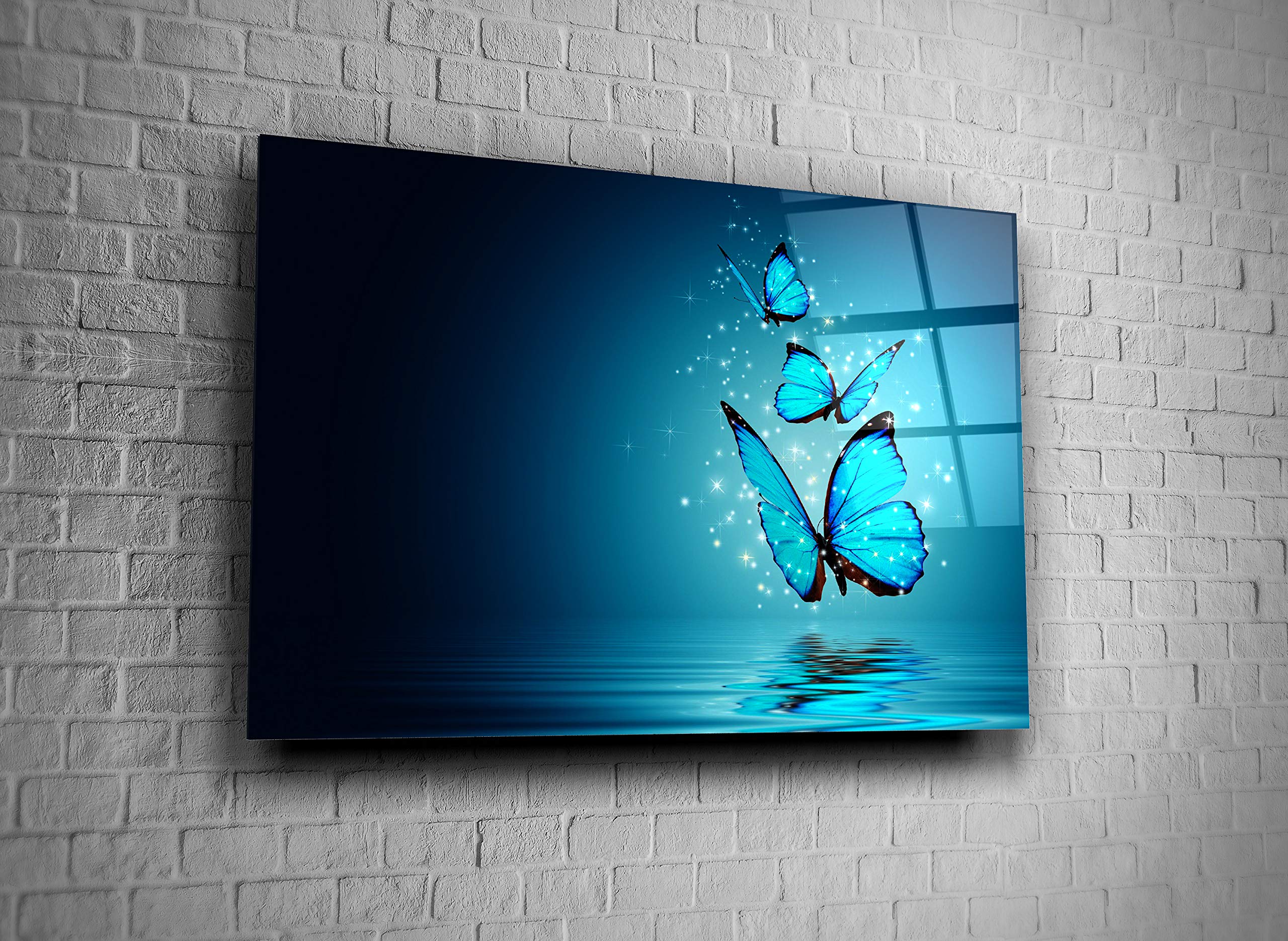 Blue Butterfly Water Neon Print - Tempered Glass Wall Art Decor for Home & Office - Unique Gift Idea for Housewarming, Birthday & Wedding