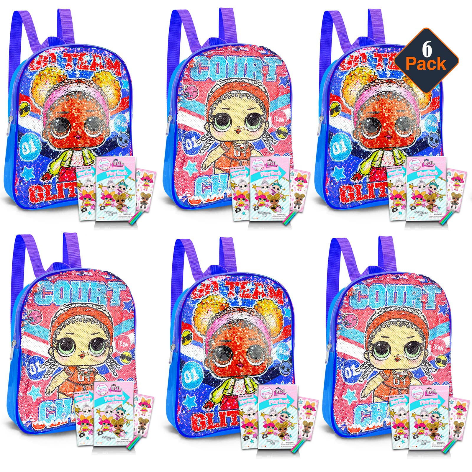 LOL Surprise Mini Backpack Set for Girls - 6 Pack 12 Inch Reversible Sequin Backpacks with Coloring Pages & Stickers | Perfect for Birthday Parties, School Supplies, and Collectible Toys (Party Favors & Gifts)