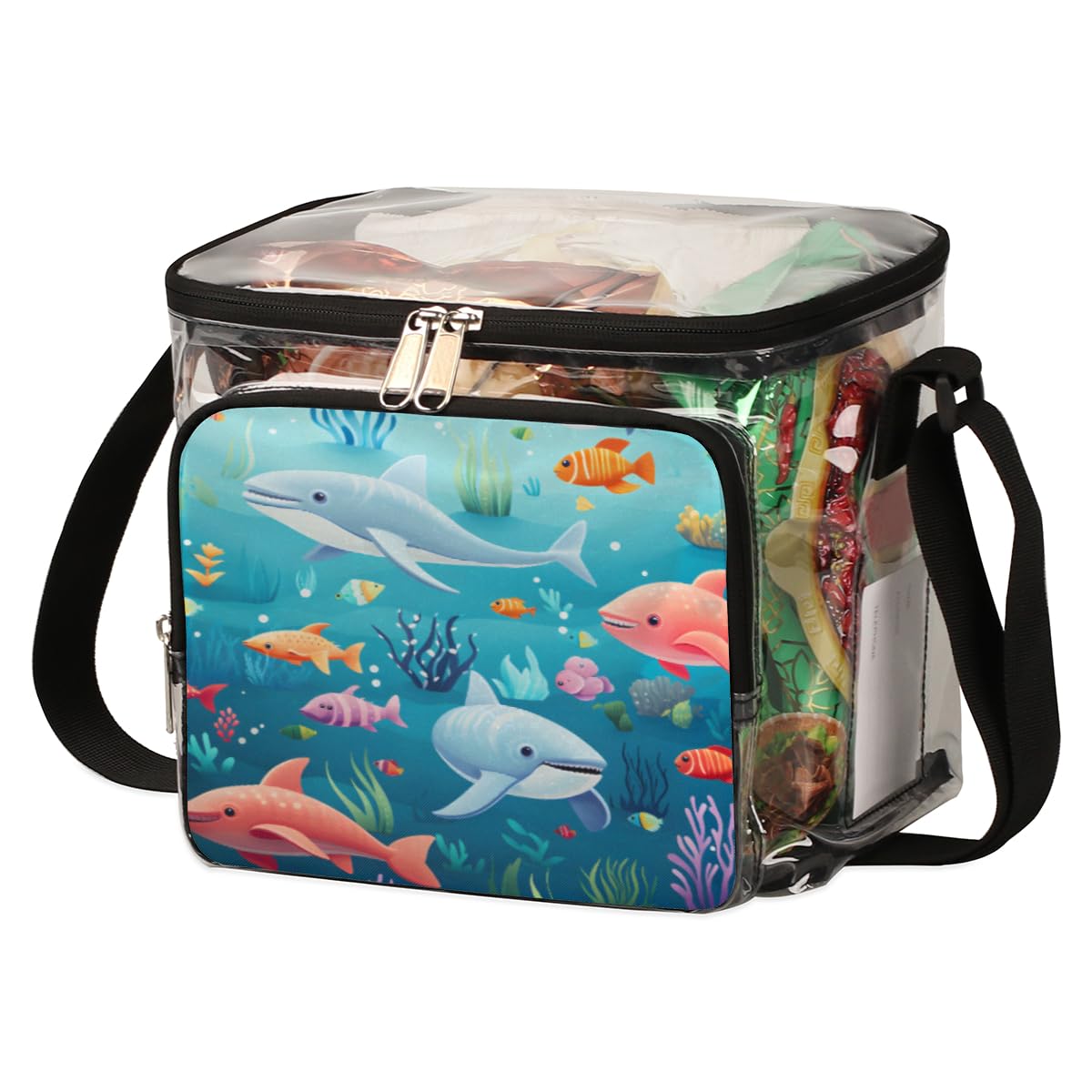 GzLeyigou Clear Transparent Underwater Animal Print Tote Bag - Whale Coral Fish Design Crossbody Shoulder Bag with Handles for Lunch, Beach, Travel, Picnic, Concerts & Sports Events | Stadium Approved Waterproof Shopping Bag for Pool, Aquarium Visits & Summer Outings