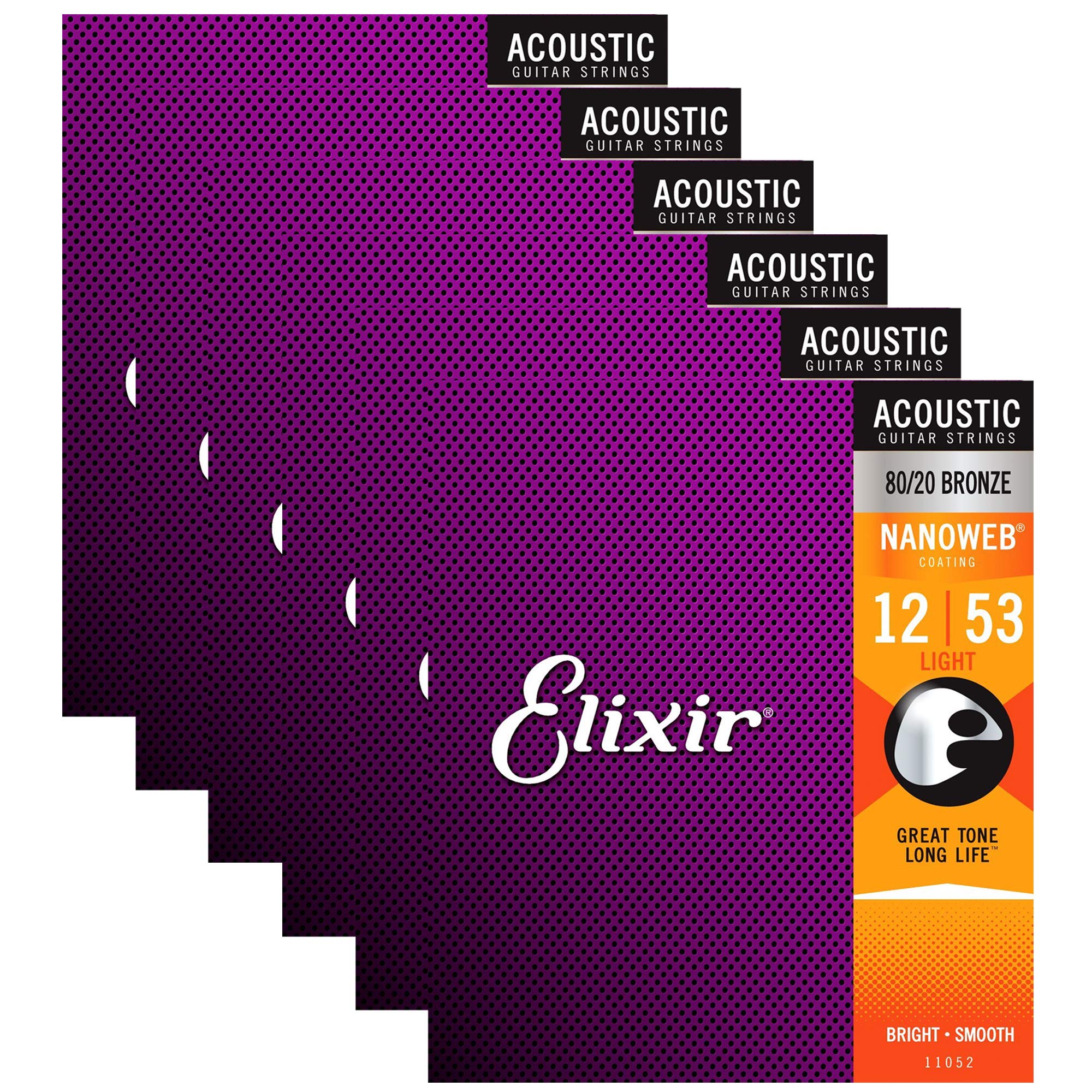 Elixir 11052 Acoustic Guitar Strings 80/20 Bronze Nano Light 12-53 Gauge (6 Pack Bundle) - Perfect for Folk, Country & Fingerstyle Playing