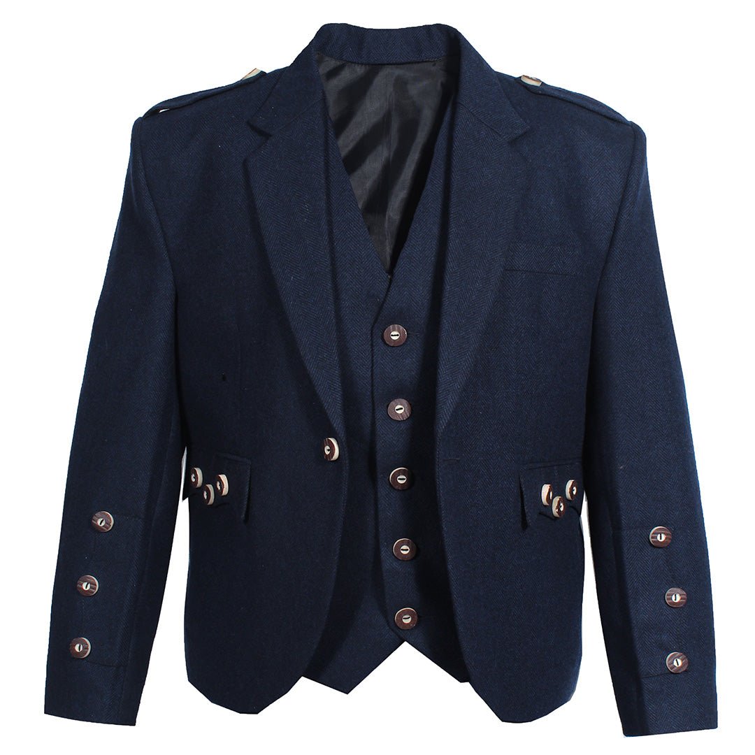 Argyll Jacket Blue Tweed Wool Fabric with 5-Button Vest - Prince Charlie Style Cuffs | Premium Scottish Formal Wear for Weddings, Parties & Special Occasions