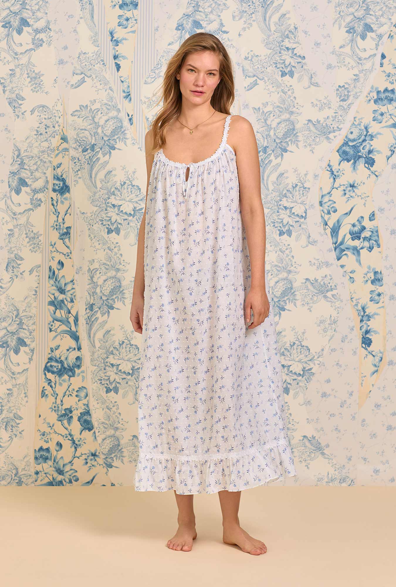 Rosalie Navy Floral Swiss Dot Long Nightgown - Elegant Sleepwear for Women, Comfortable Cotton Night Dress for Relaxing at Home or Vacation