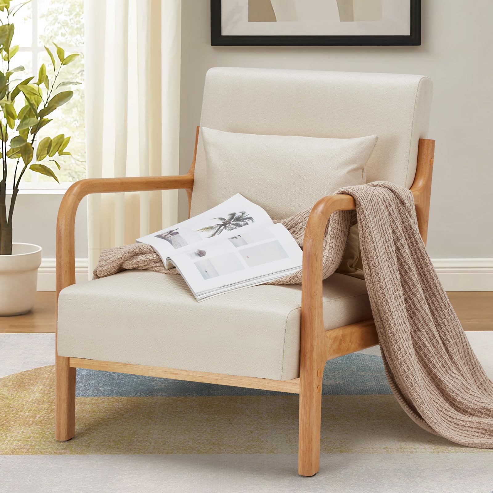 Esright Mid Century Modern Accent Chair - Solid Wood Frame, Upholstered Small Side Chair for Living Room & Bedroom - Comfortable Lounge Reading Armchair in Beige | Perfect for Small Spaces, Home Office & Cozy Corners