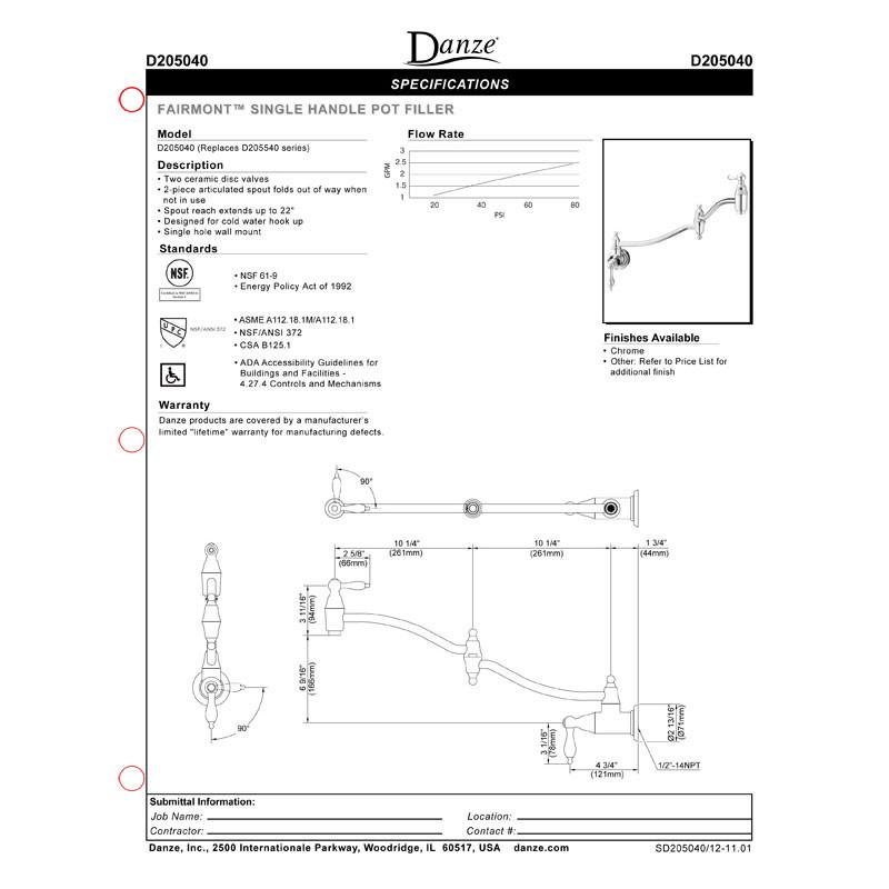 Danze Fairmont Chrome Wall Mount Traditional Pot Filler Faucet - Hot and Cold Water Kitchen Faucet for Filling Pots, Pans & Large Containers