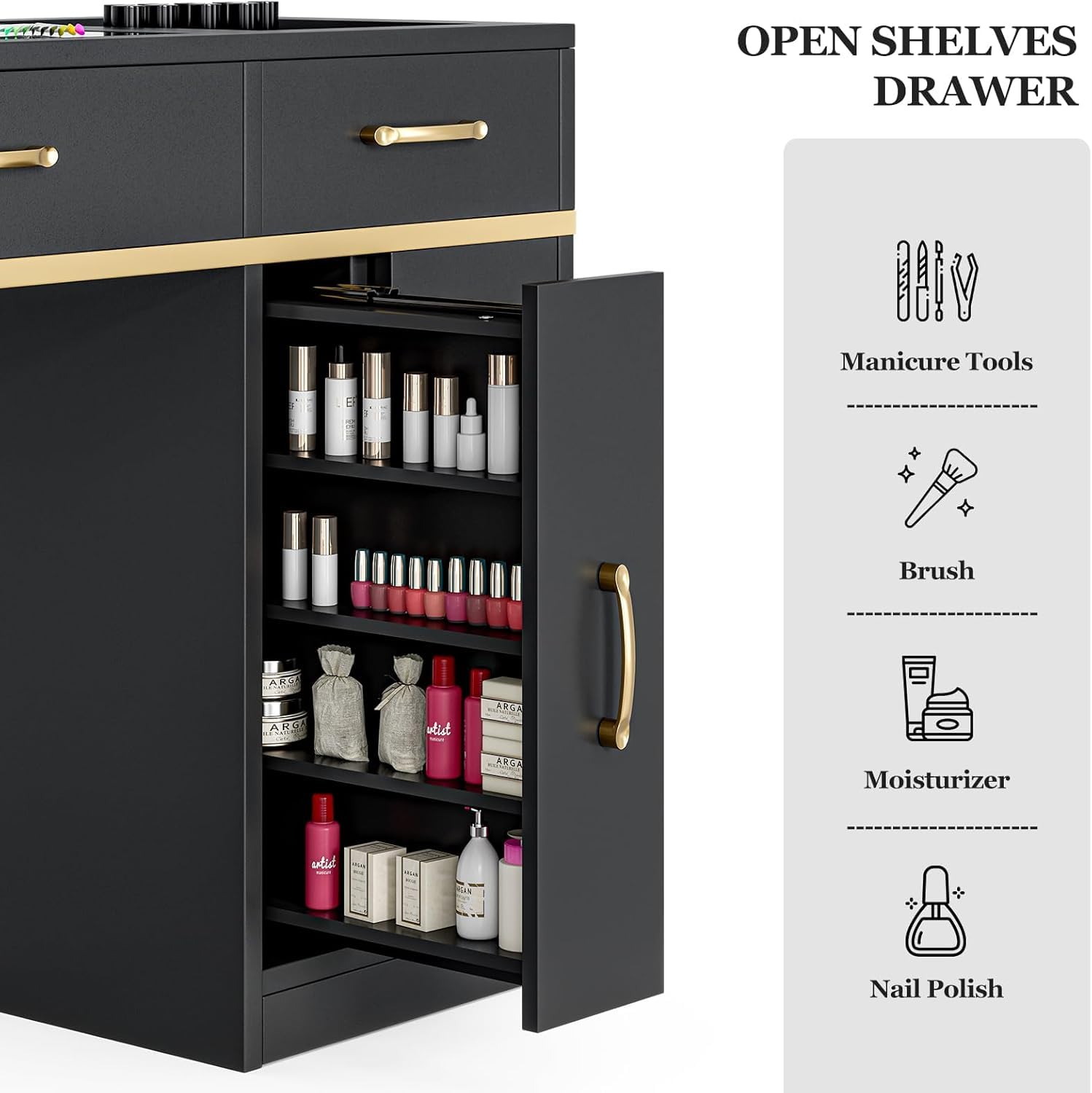 Professional Manicure Table Nail Station for Salon & Home Use - Glass Top Nail Tech Table with Electric Dust Collector, 7 Drawers & 3-Tier Shelves, Beauty Workstation with Wrist Cushion & Golden Handles (Black) - Perfect for Nail Artists, Home Salons & Professional Nail Technicians