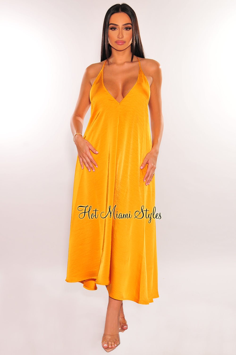 Honey Gold V-Neck Spaghetti Strap Maxi Dress for Women - Elegant Summer Beach Wedding Party Wear