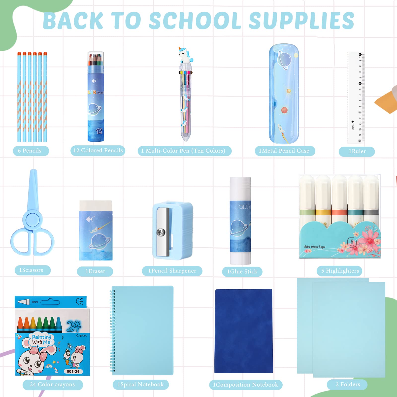Sabary 58 Pcs Back to School Supply Kit for Girls - Complete Classroom Essentials Set with Folders, Notebooks, Pencils, Pens, Ruler, Scissors & More (Blue) - Perfect for Grades K-12 Students, Homeschooling & Teacher Supplies
