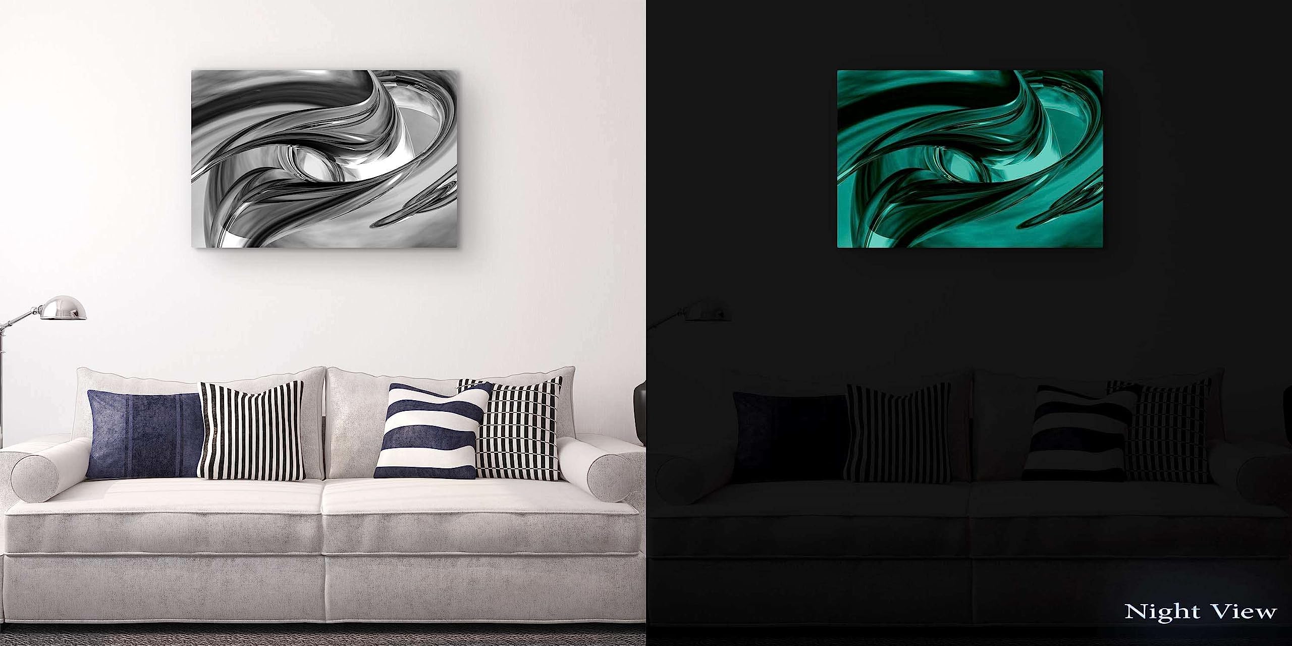 Black and White Abstract Destiny Framed Canvas Wall Art - 24x36 Inch Minimalist Home Decor for Bedroom, Living Room & Office - Unique Luminous Day/Night Effect Painting - Modern Wall Art for Home & Office Decor