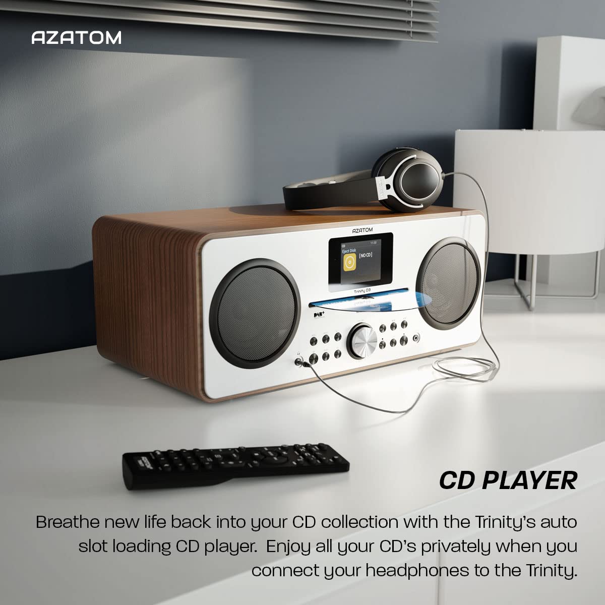 AZATOM Trinity Walnut DAB/DAB+ Digital FM Radio with CD Player & Bluetooth Speaker System | USB MP3 Playback, Charging Port, Alarm Clock, Equalizer & Remote | Hi-Fi Sound for Home, Office & Outdoor Use