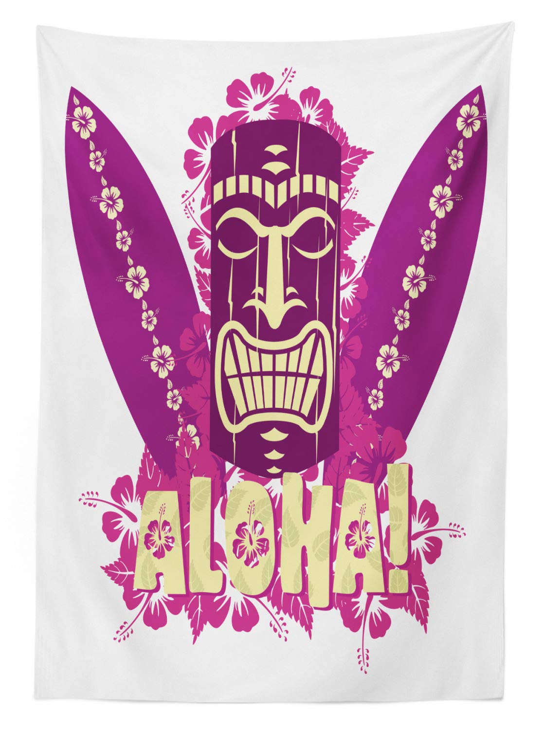 Ambesonne Tiki Bar Outdoor Tablecloth - Hand Drawn Aloha Art with Surfboards & Hibiscus - Washable Picnic Table Cover 58x120 Inches - Pale Yellow & Hot Pink - Perfect for Luau Parties, Beach BBQs, and Tropical-Themed Decor
