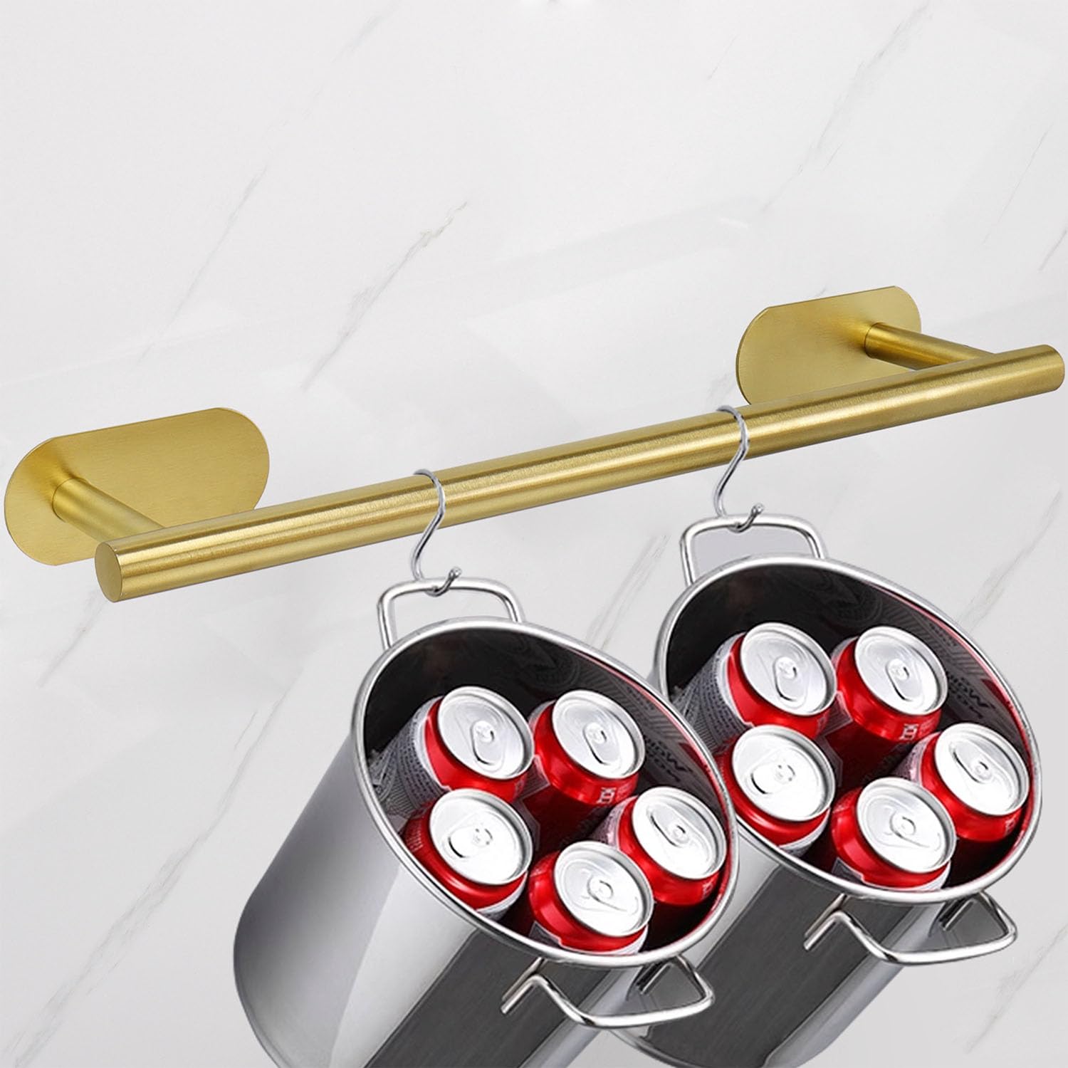 TocTen Self Adhesive No Drill Towel Bar - 16 Inch Rustproof Stainless Steel Bathroom Towel Holder - Damage-Free Easy Install Bath Towel Rack (Brushed Gold) - Perfect for Bathrooms, Kitchens & Small Spaces