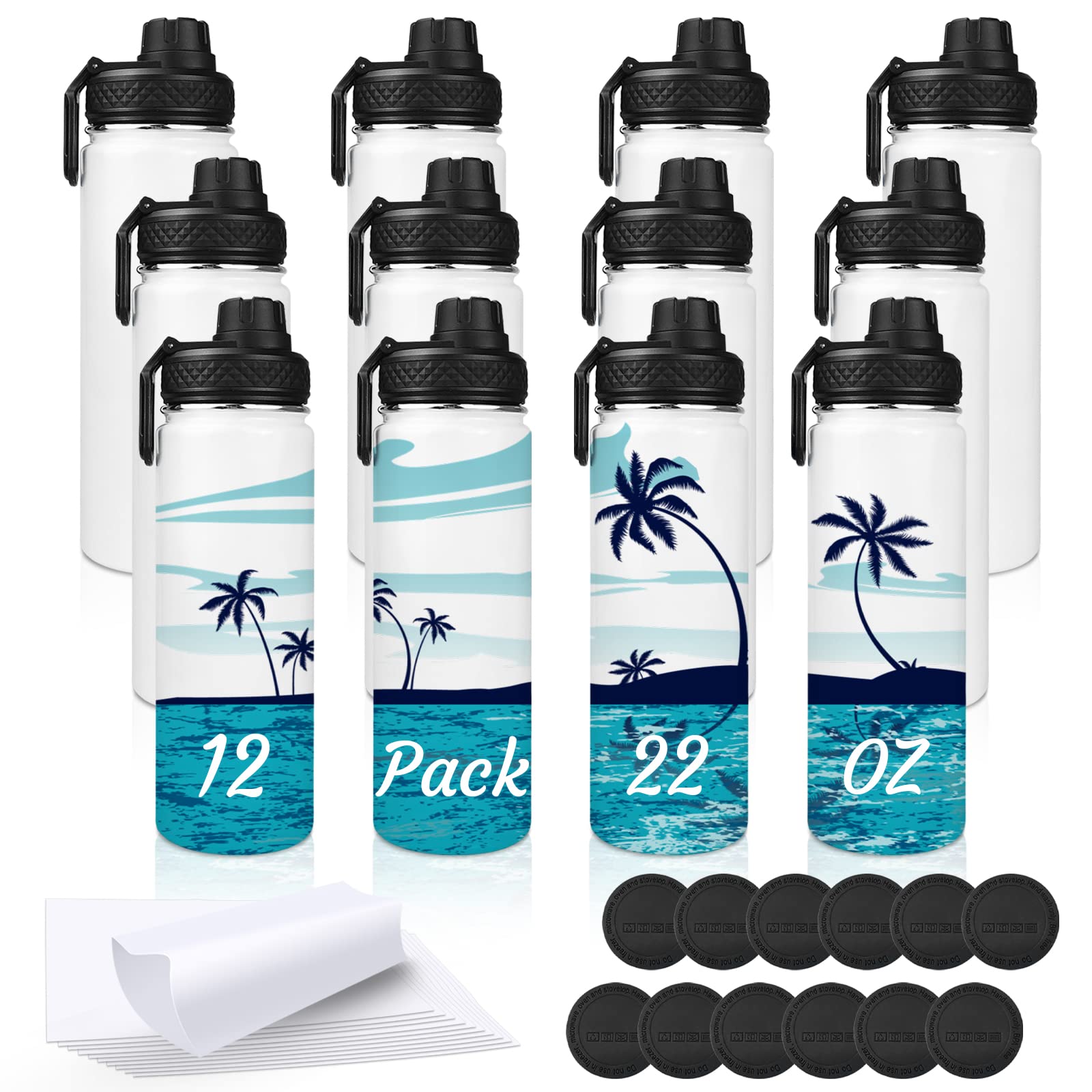 AMGKONP 22oz Sublimation Blank Tumblers - Stainless Steel Vacuum Insulated Sports Water Bottle, Double Wall Thermos with Shrink Wrap Film & Heat Press Coating (12 Pack) - Perfect for Custom Designs, Gifts, and Outdoor Activities