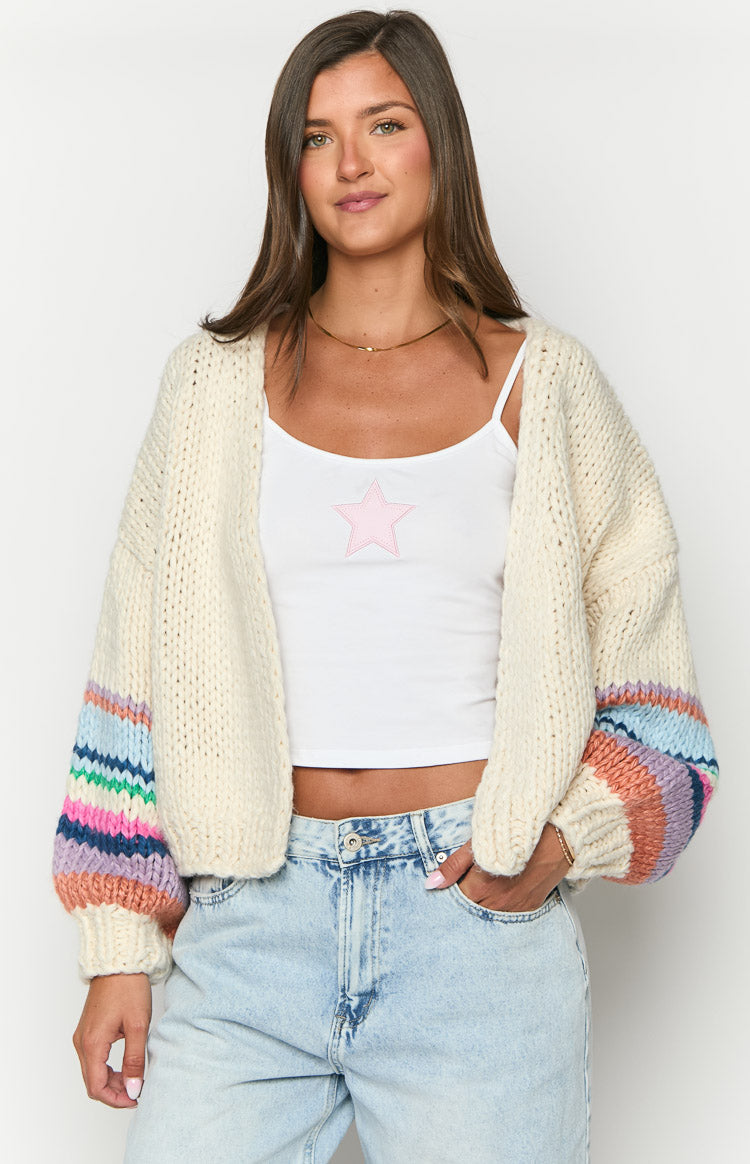 Bad Habits Cream Multi Knit Cardigan Women's Stylish Open Front Sweater - Perfect for Fall Layering, Casual Outfits & Cozy Evenings