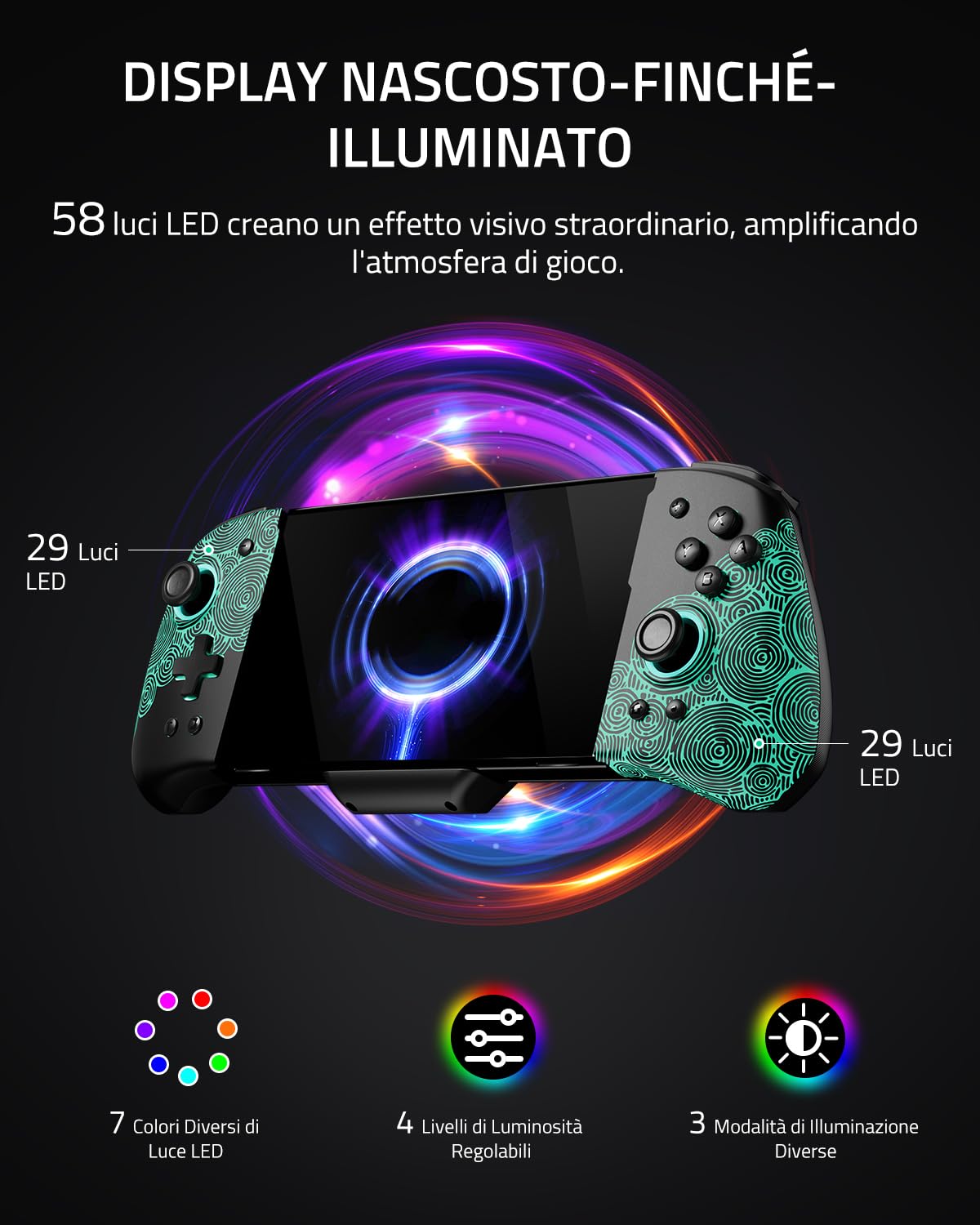 PALPOW Luminous LED Switch Controller for Nintendo Switch/OLED - 7 Color LED, Turbo, Button Mapping - Compatible with Switch & OLED Models - Replacement One-Piece Joypad - Perfect for Gaming at Night or Low Light Conditions