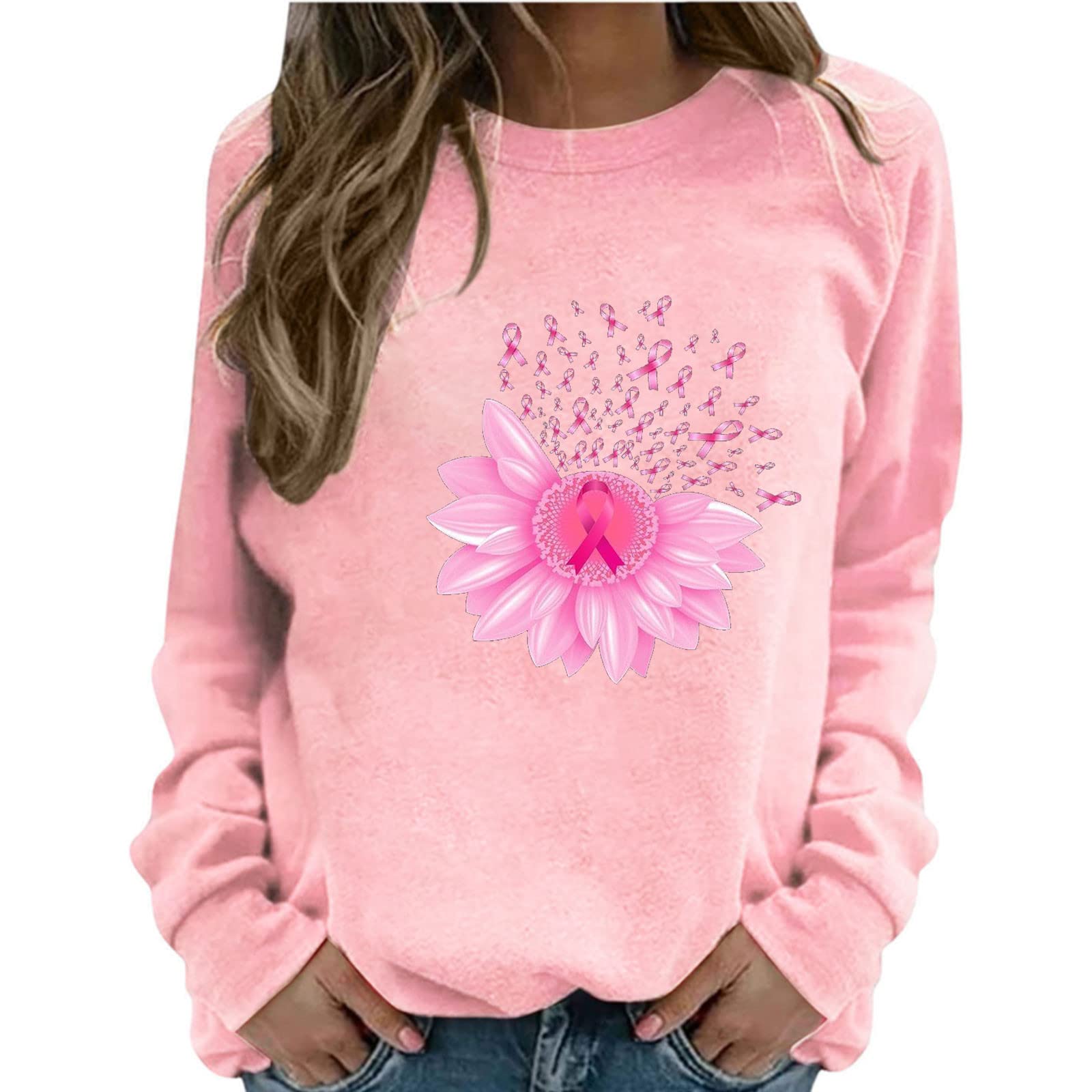 Women's Long Sleeve Graphic T-Shirt - Floral Pink Ribbon Breast Cancer Awareness Sweatshirt, Casual Loose Fit Blouse for Everyday Wear, Fundraising Events & Supportive Outfits