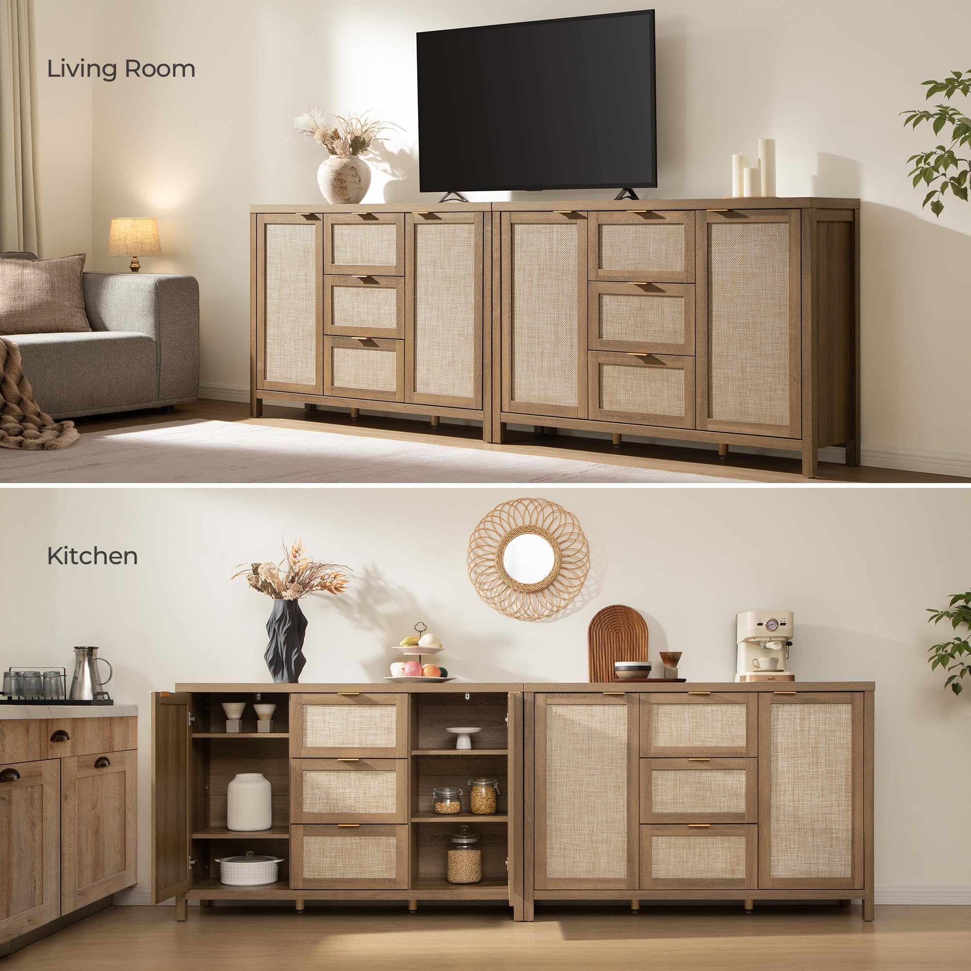 SICOTAS Rattan Large Sideboard Buffet Cabinet with Storage - Farmhouse Style Credenza with 3 Drawers & 2 Doors, Boho Wooden Console Coffee Bar Cabinet for Living Room, Kitchen, Entryway - Perfect for Home Decor, Storage Solution and Entertaining Guests